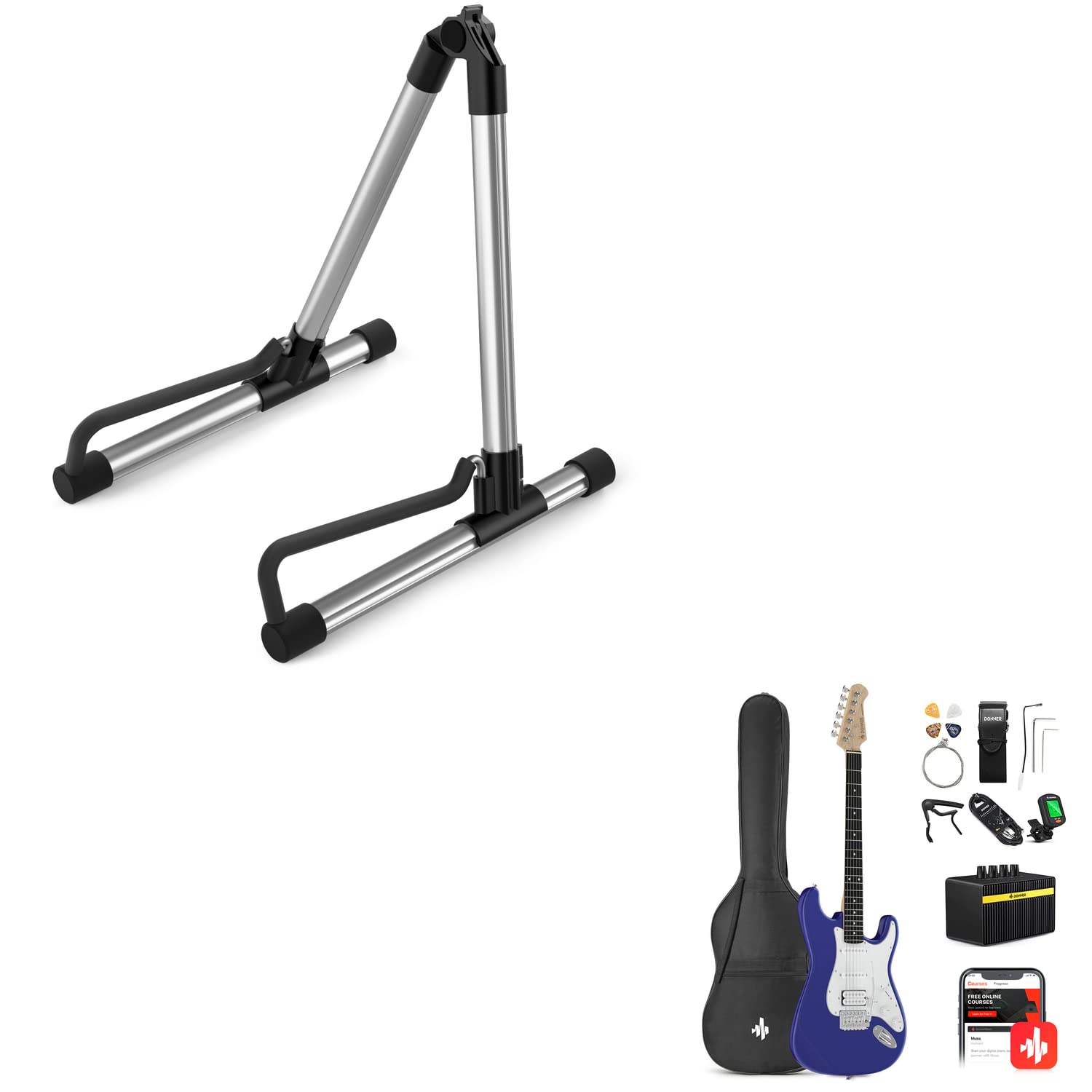 Donner DST-100L Full Size Electric Guitar with DS-1 Adjustable Guitar Stand - Perfect for Beginners, Practice, Live Performances & Home Studio Recording