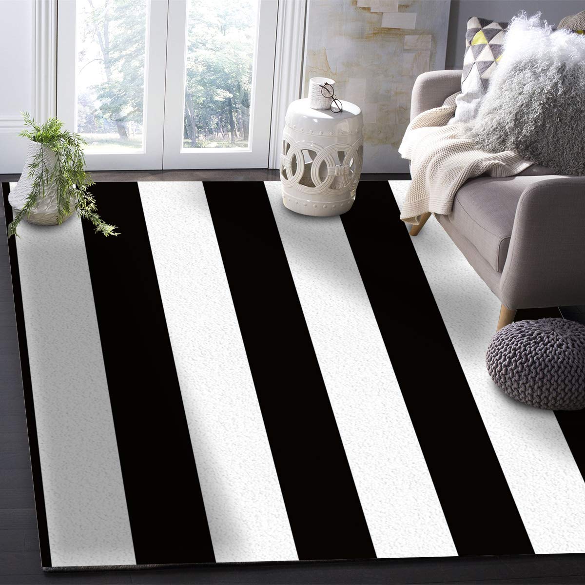 Large Modern Area Rug - Contemporary Black and White Striped Non-Slip Floor Carpet for Living Room, Bedroom - Soft Anti-Fatigue Standing Mat for Home Office & High-Traffic Areas
