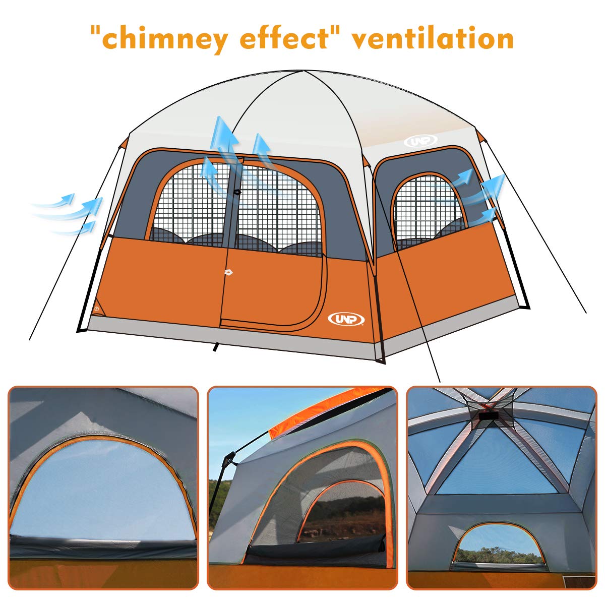 UNP 6-Person Waterproof Windproof Family Camping Tent - Double Layer, Easy Setup with 1 Mesh Door & 5 Large Windows (10'x9'x78
