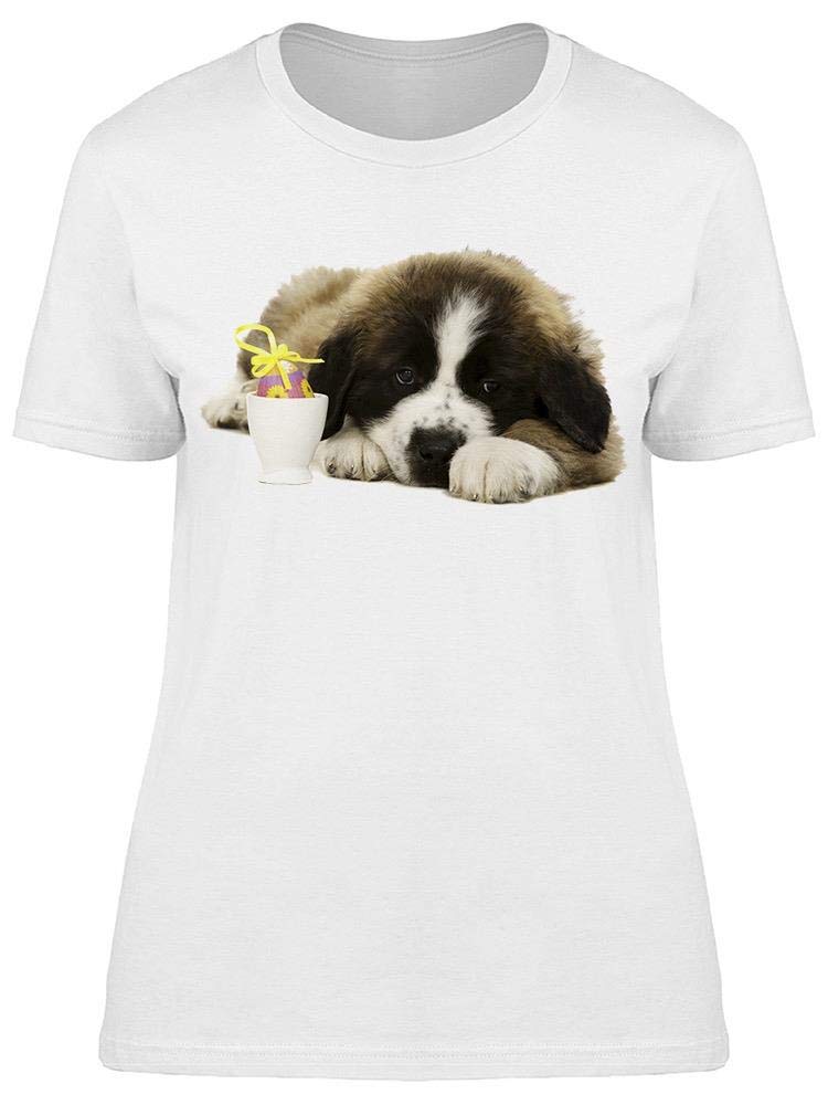 Easter Egg Next to St. Bernard Women's T-Shirt - Cute Dog Graphic Tee for Casual Wear, Spring Outfits & Easter Celebrations