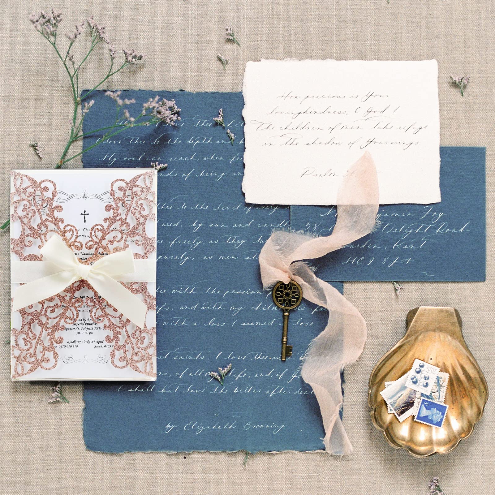 25PCS Rose Gold Wedding Invitations Set - Elegant Laser Cut Floral Design with Gold Powder, Blank Inner Sheets, Envelopes & Ribbons for Wedding, Engagement, Bridal Shower Parties | Perfect for Formal Events & DIY Invitations