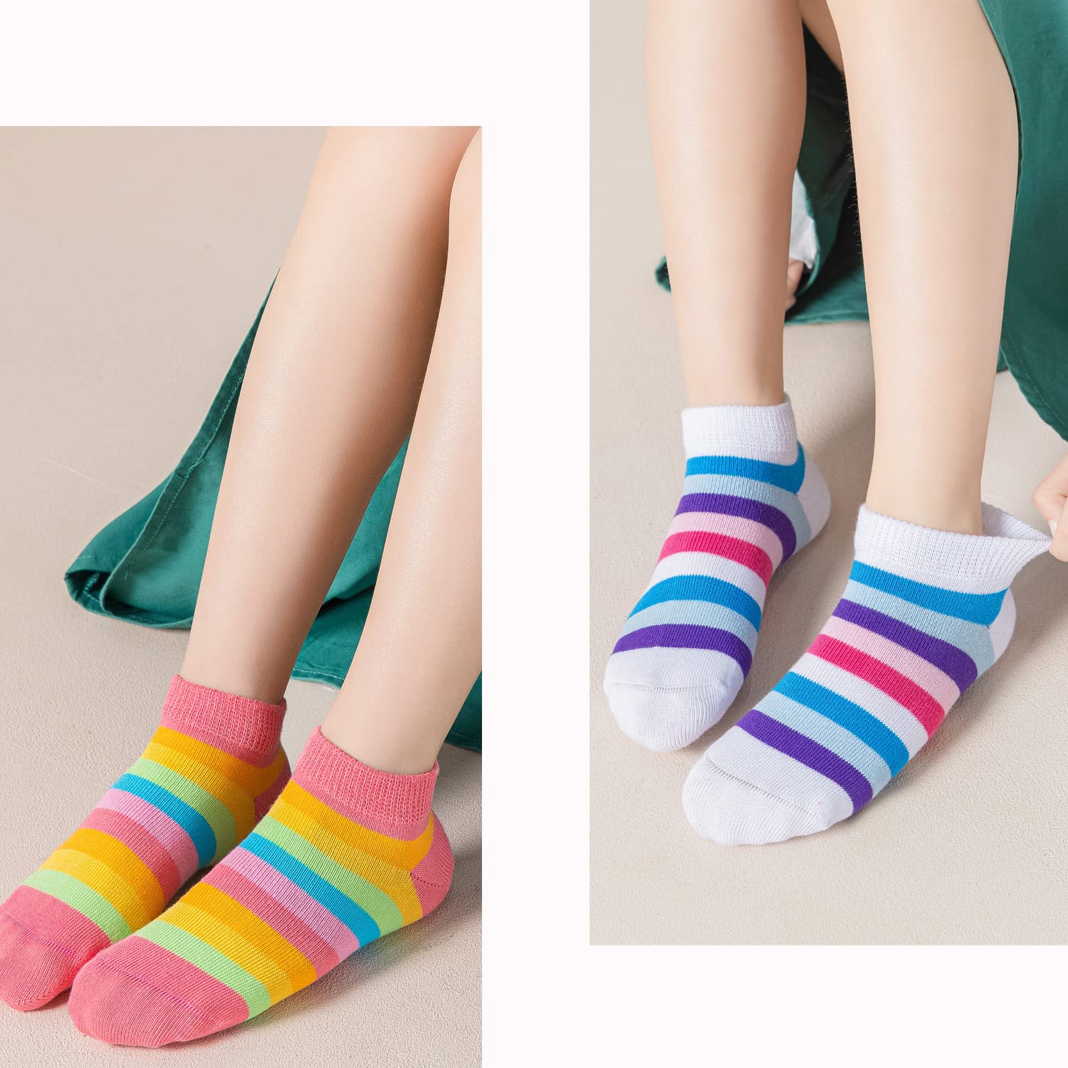 Marchare Girls Seamless Cotton Socks - Rainbow Stripes Crew Socks 5 Pack for Kids, School, Play & Everyday Wear | Soft & Comfortable Toddler Socks for Active Girls