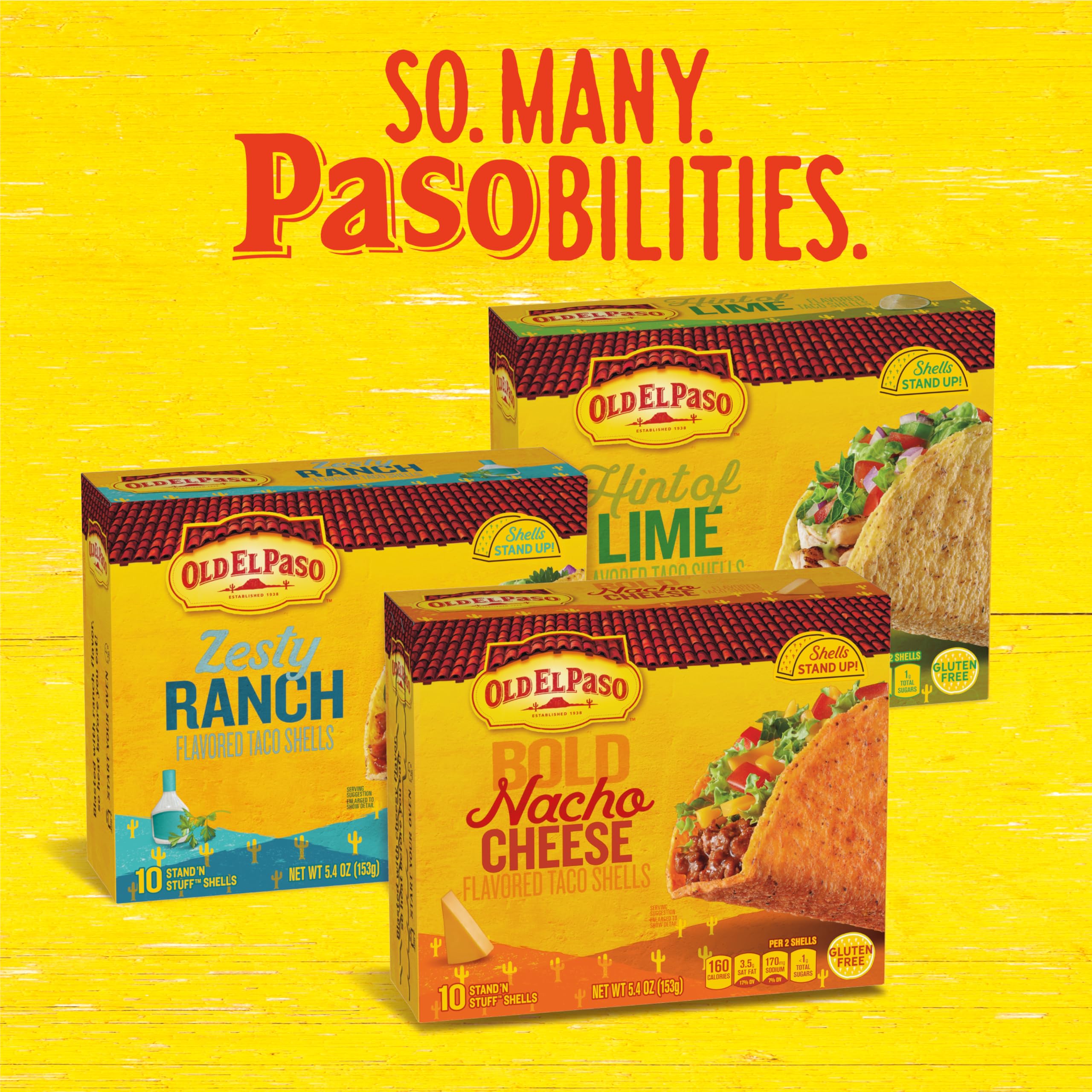 Old El Paso Stand 'N Stuff Bold Nacho Cheese Flavored Taco Shells - 10 Count (Pack of 6) | Crunchy Taco Shells for Nachos, Tacos & Mexican Dishes | Perfect for Family Dinners, Parties & Cinco de Mayo Celebrations