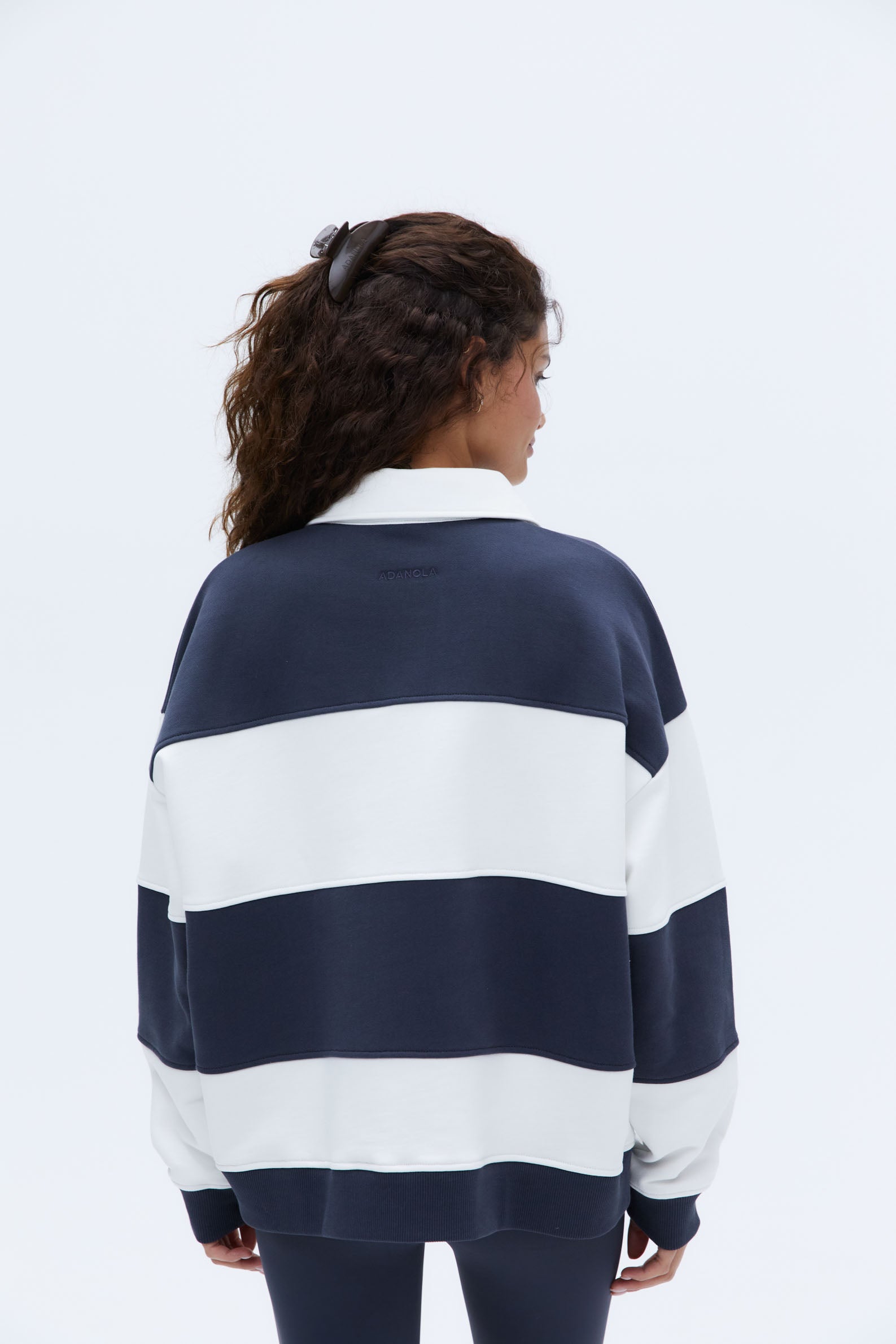 Stylish Stripe Oversized Henley Sweatshirt for Women - Midnight Blue & Marshmallow White | Cozy Casual Wear for Fall & Winter