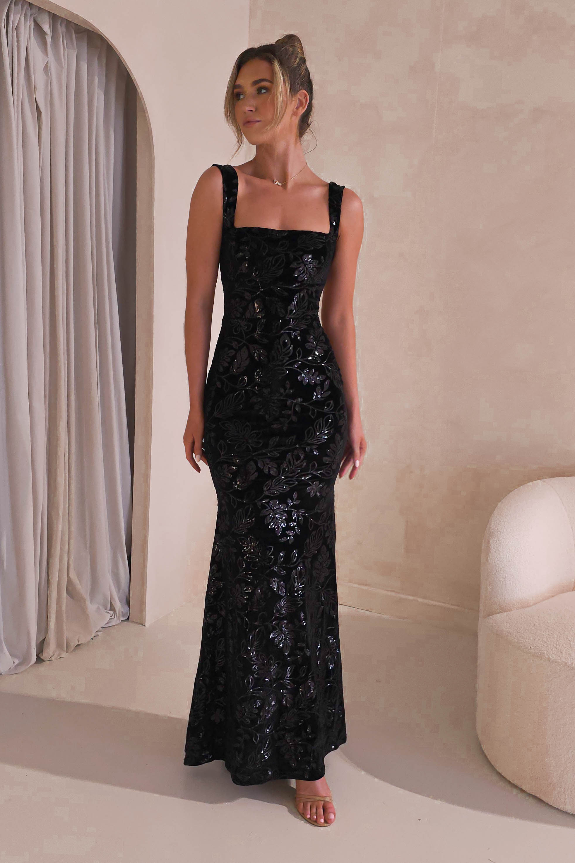 Elegant Black Velvet Square Neck Gown by Sharma - Perfect for Evening Parties, Weddings & Formal Events