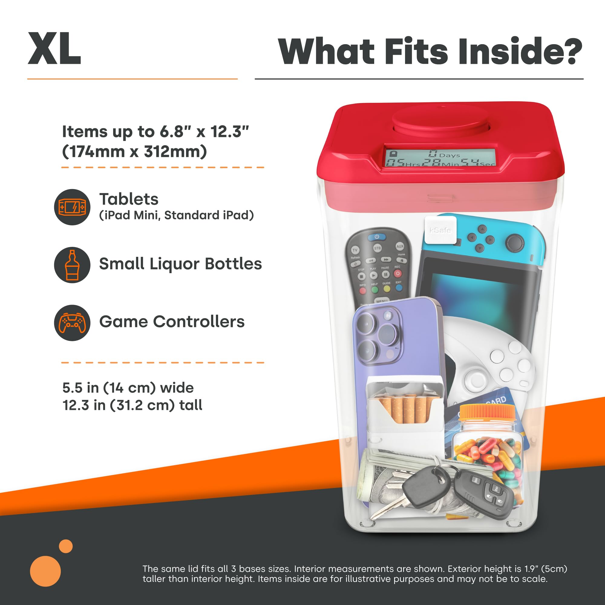 KSafe XL Timed Lock Box for Cell Phones & Snacks - Kitchen Safe Phone Lockbox with Timer, Food Time Locking Container for Habit Formation (Red Lid + 12.3” Clear Base with Access Port) - Perfect for Digital Detox, Diet Control, and Focus Improvement at Home/Office