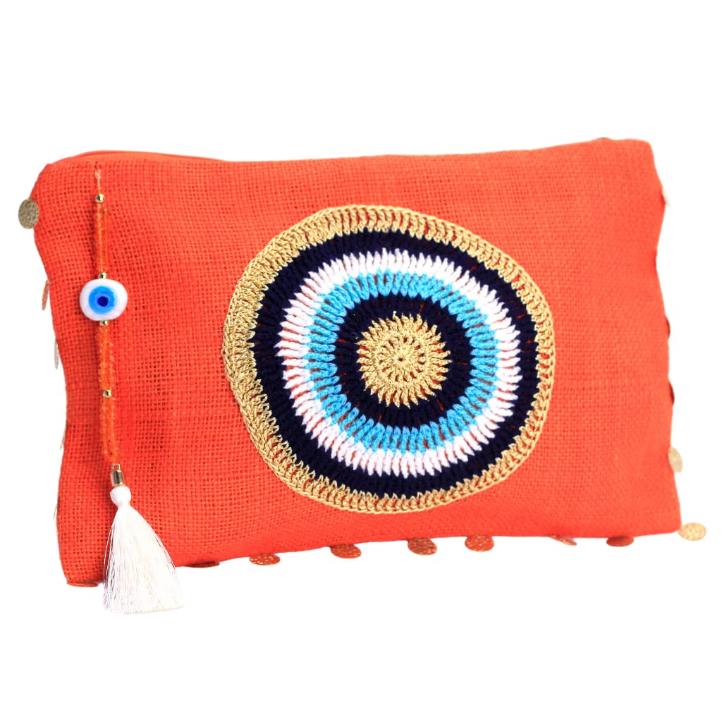 Evil Eye Jute Pouch Bag with Zipper Closure - Orange Summer Beach Bag for Women, Boho Gift Bag for Travel, Festival, and Vacation Accessories