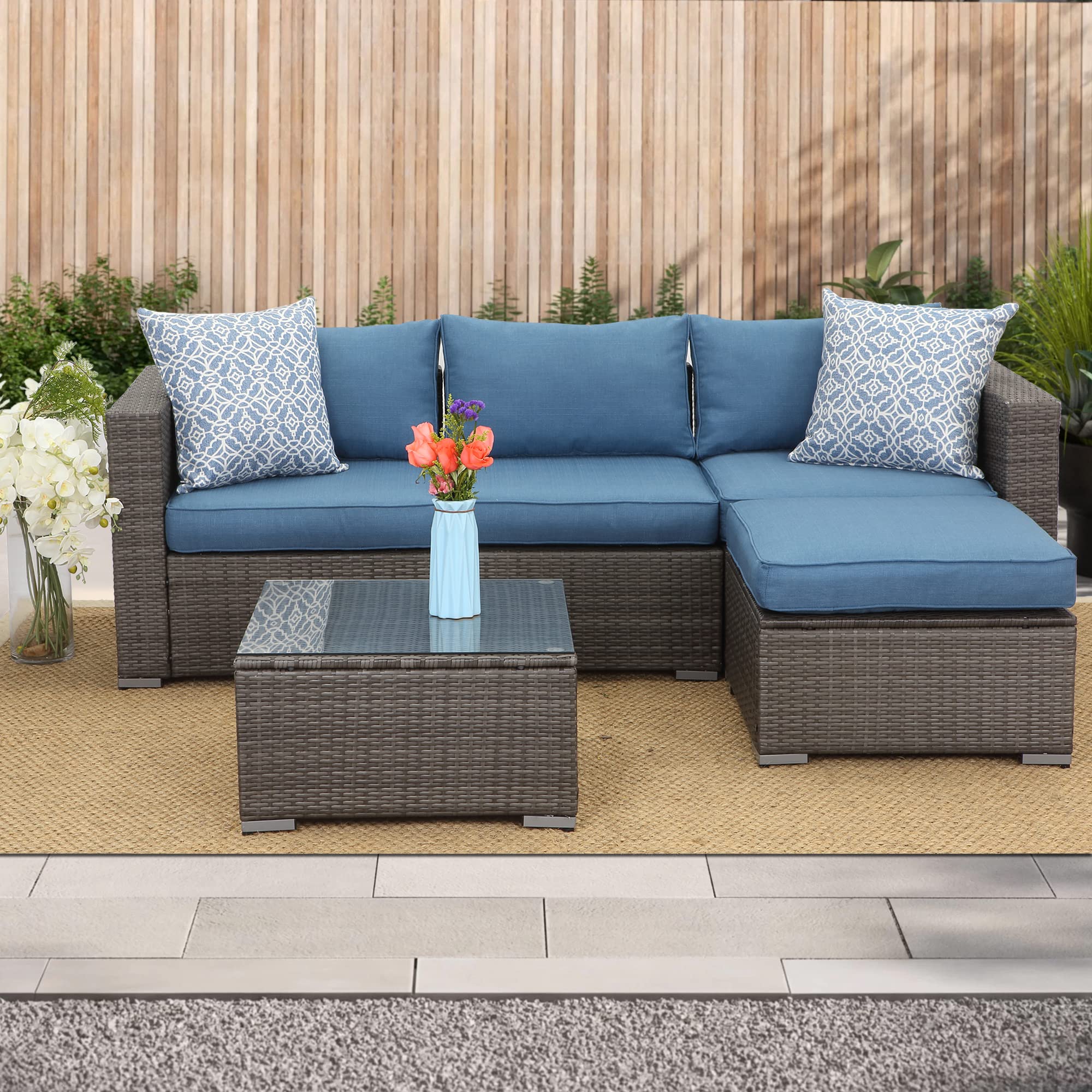2-Piece Patio Armless Sofa Set with Cushions - Outdoor Wicker Sectional Furniture for Garden, Backyard & Porch - Blue Wisteria Lane Loveseat - Perfect for Relaxing, Entertaining & Outdoor Lounging