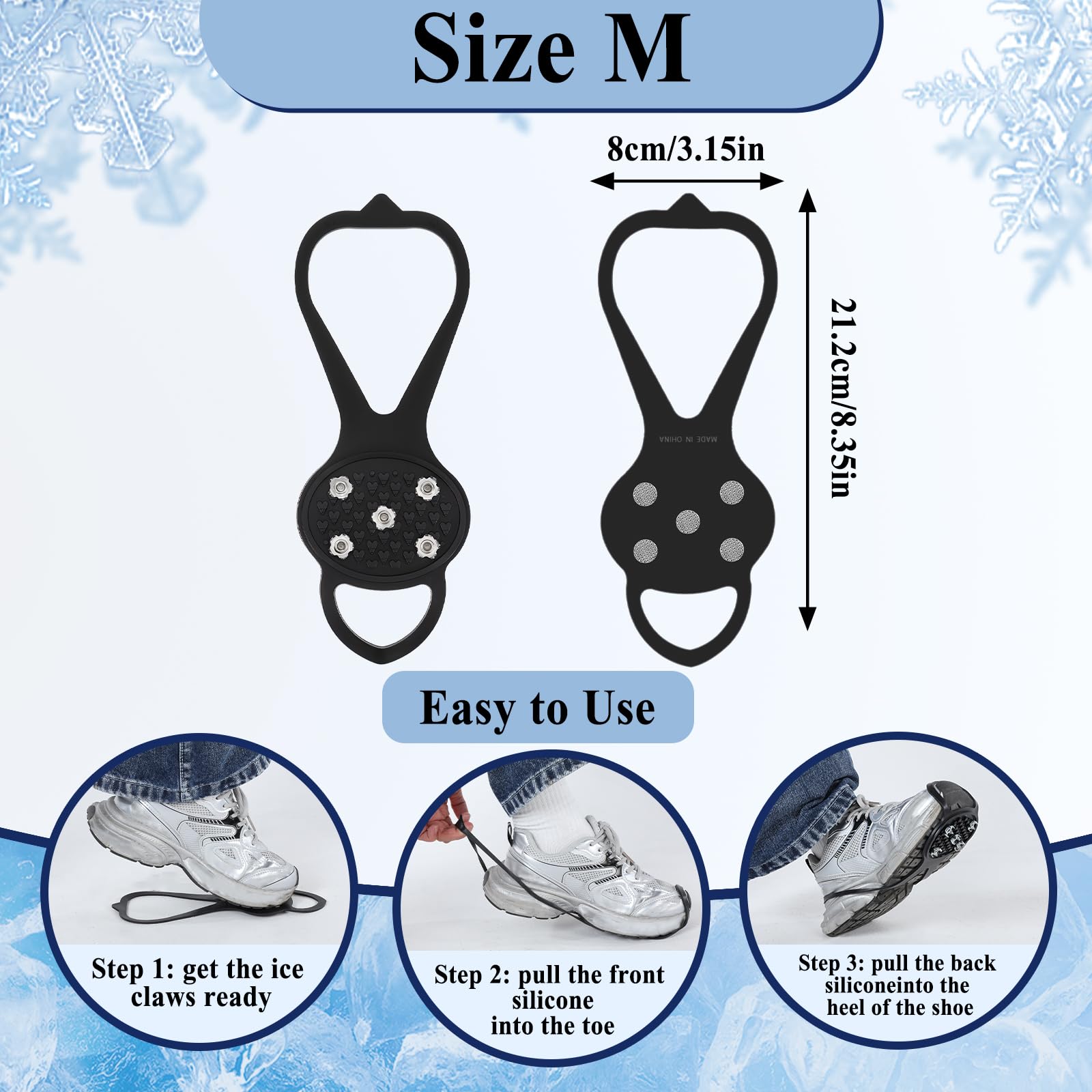 Non-Slip Ice Cleats for Shoes & Boots - Universal Gripper Spikes with 5 Steel Studs for Walking, Running, Hunting & Fishing | Traction Cleats for Snow, Ice & Outdoor Sports | Perfect for Hiking, Winter Jogging & Slippery Terrain