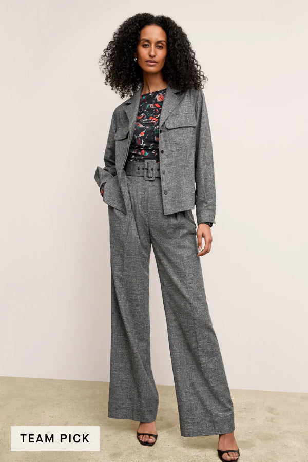 Bia Pleated High Waist Crosshatch Suiting Trousers for Women - Black & White - Office Wear & Business Casual Outfits