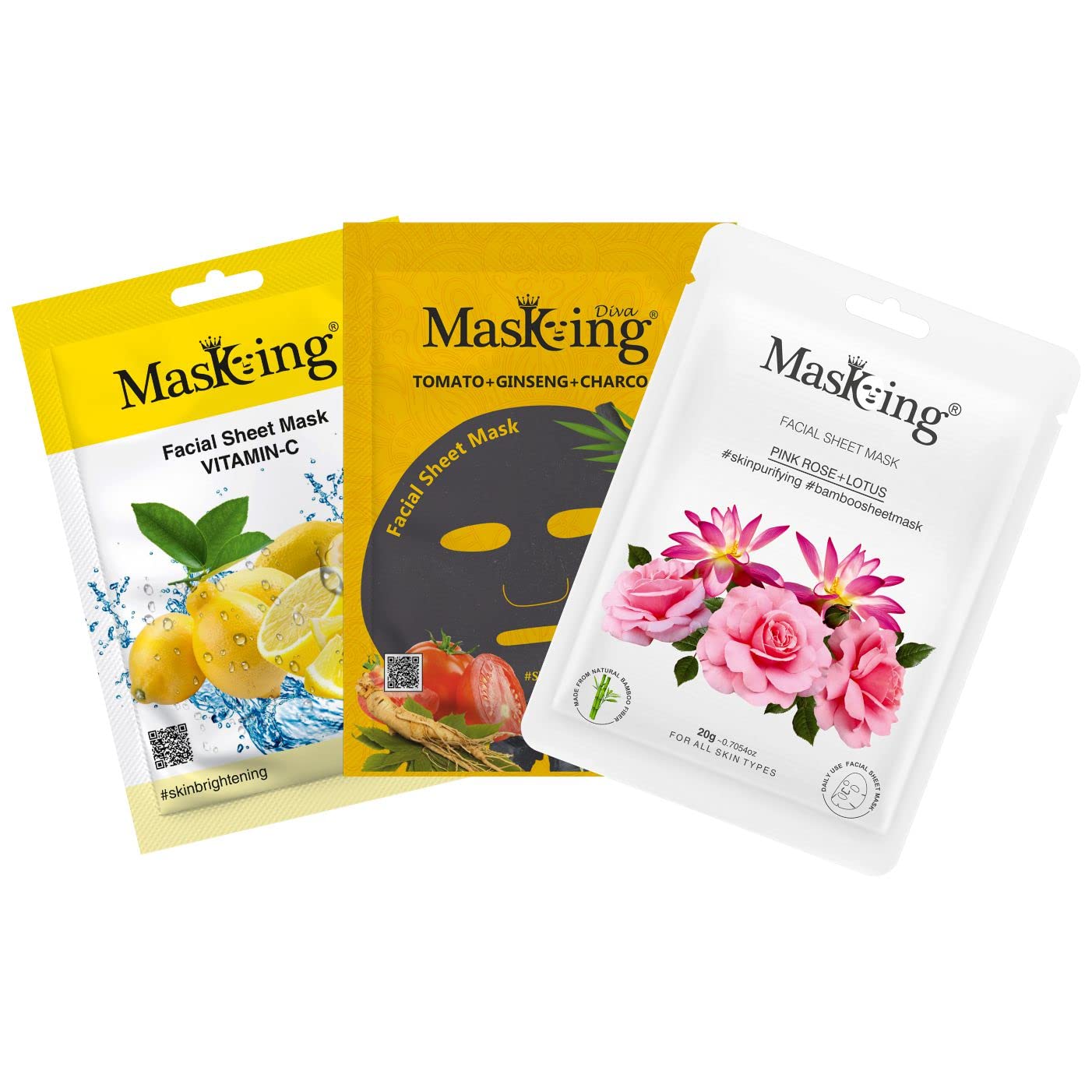 MasKing Beauty Facial Sheet Mask Set - Natural Bamboo Fiber, Charcoal, Lemon, Pink Rose, Tomato & Ginseng - Skin Renewal, Brightening & Blackhead Removal - 3-Pack Combo for Spa Night & Self-Care Routine