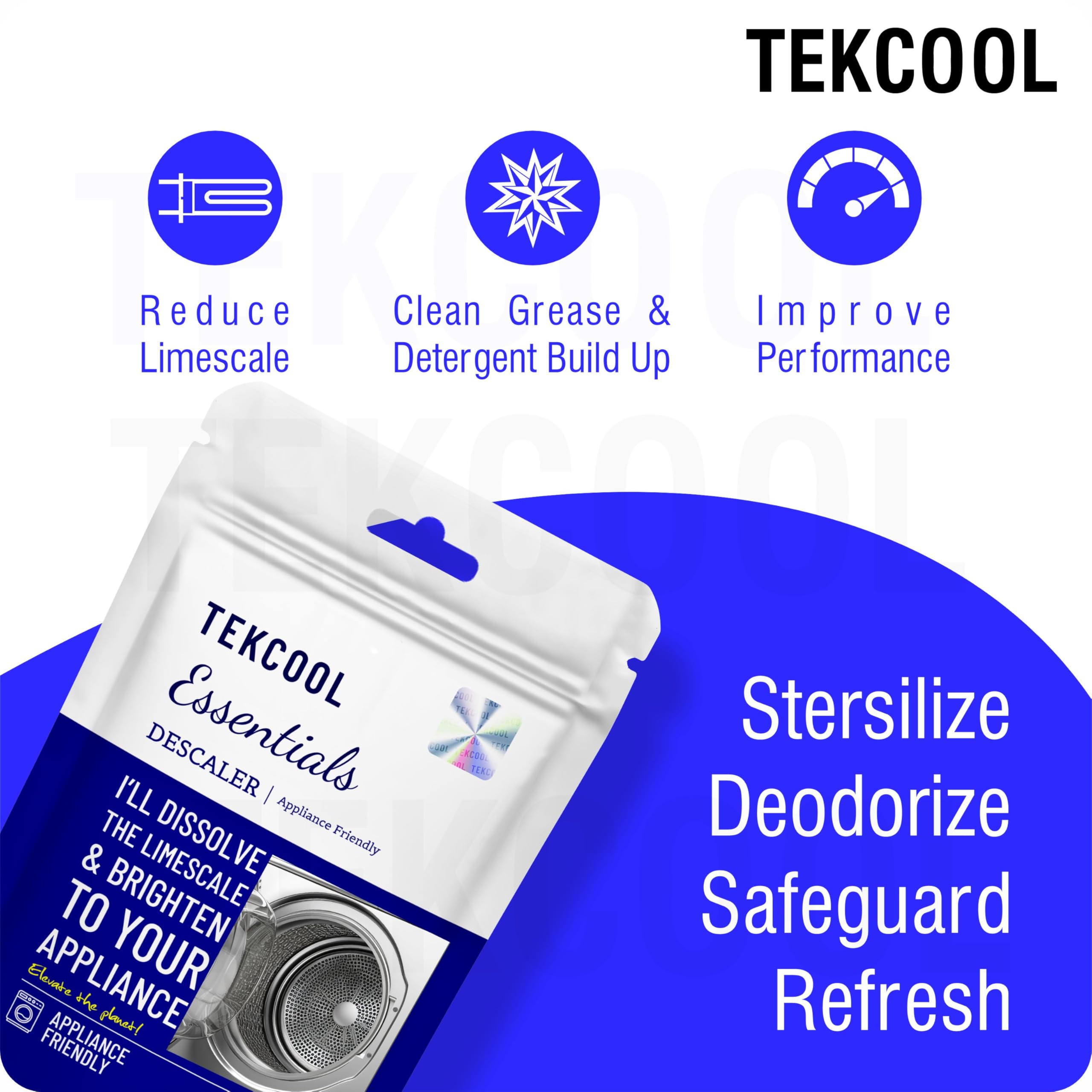 TEKCOOL Washing Machine Cleaner & Descaler - Front Load & Top Load Washer Cleaning Powder, Descaling Treatment (6-Pack, Blue) - Removes Odors, Limescale & Residue for Fresh, Efficient Laundry