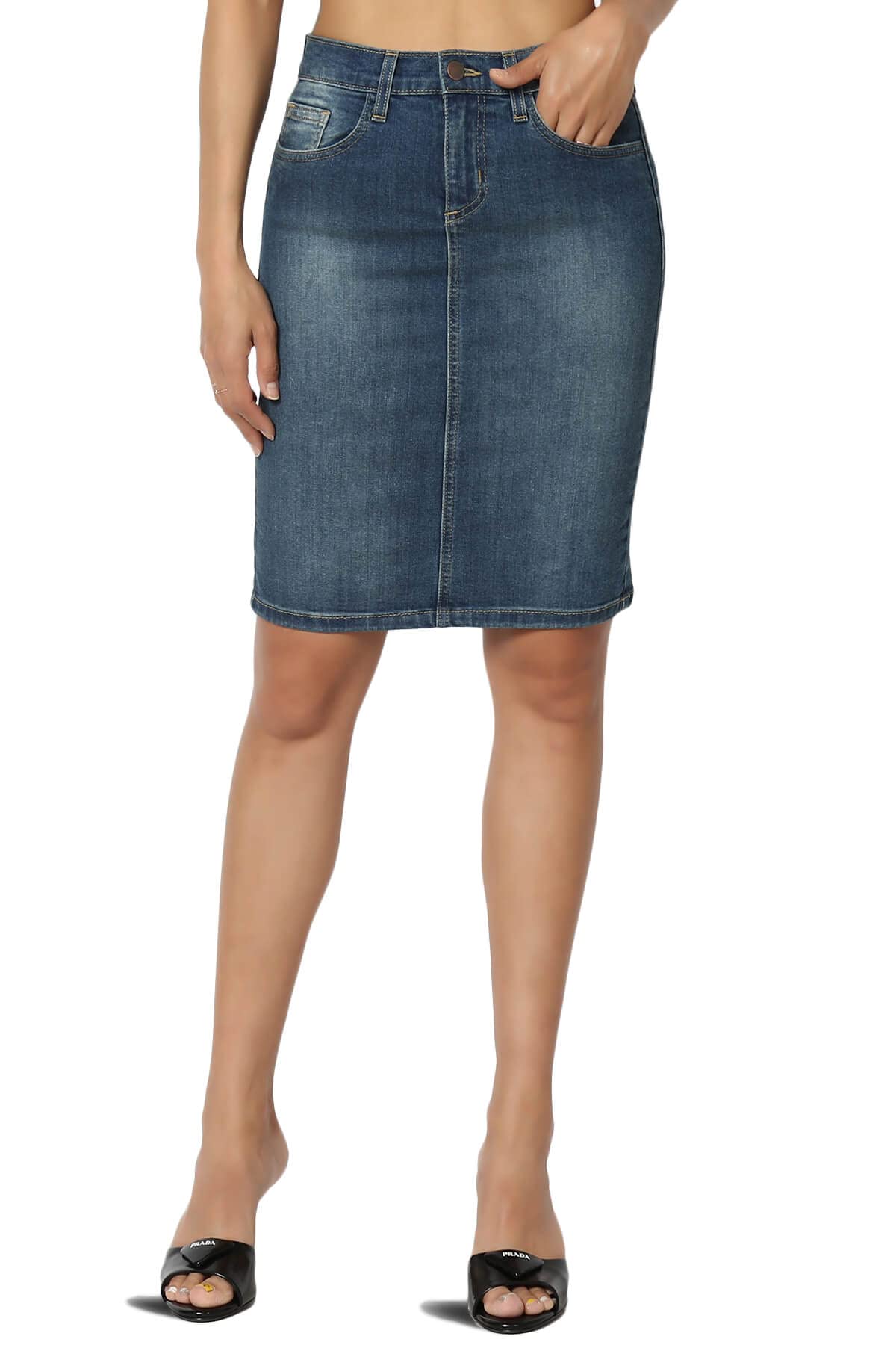 The Mogan Stone Wash Jean Pencil Knee-Length Midi Stretch Denim Skirt for Women - Vintage Style Slim Fit Denim Skirt for Casual Outfits, Office Wear & Date Night