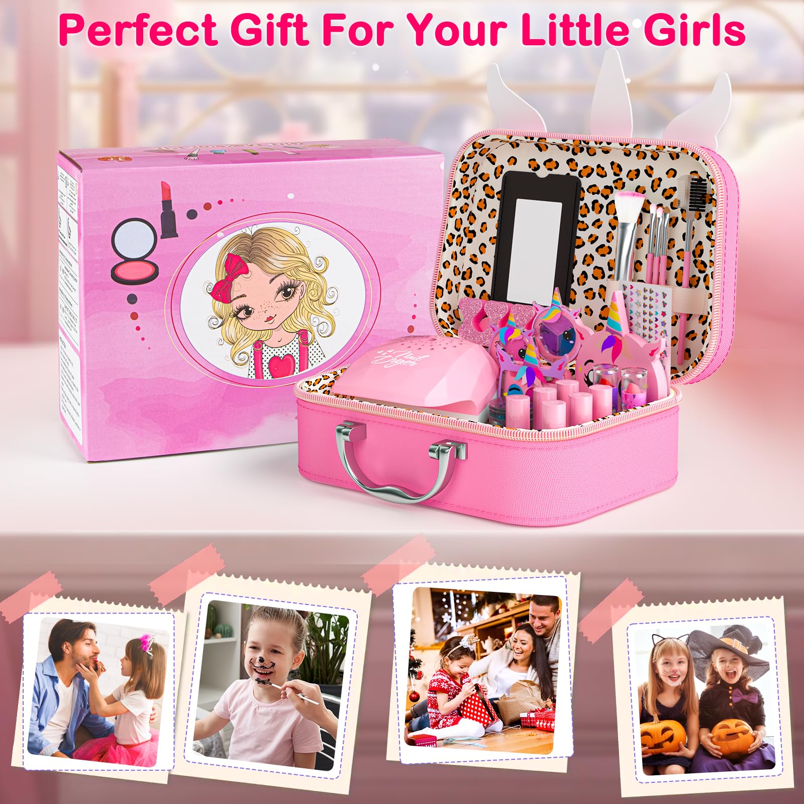 Unicorn Kids Makeup Kit for Girls Ages 3-12 - 2 in 1 Washable Play Makeup & Nail Art Set with Cosmetic Case | Safe Non-Toxic Pretend Play Cosmetics | Perfect Birthday Christmas Gift for Toddlers & Little Girls | Great for Dress-Up, Role Play & Party Fun