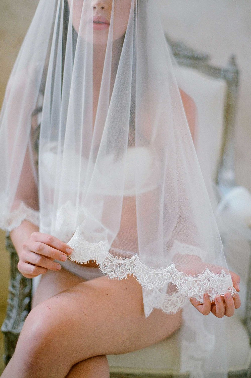 Amelie Lux French Lace Scallop Edge Bridal Blusher Veil - Style V73B | Elegant Wedding Accessory for Brides, Photo Shoots & Special Occasions