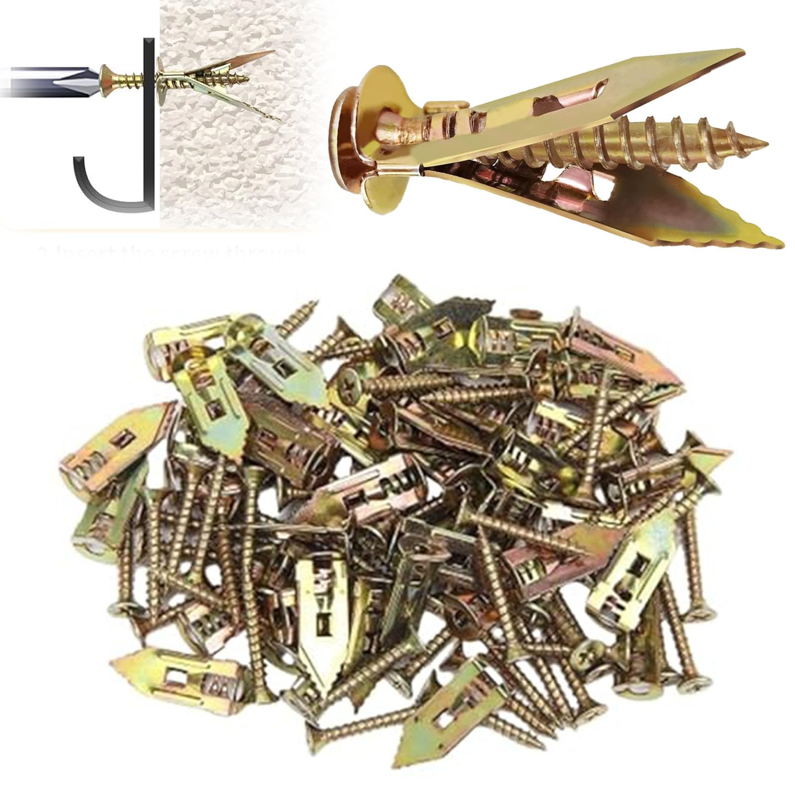 Upgraded Self-Drilling Drywall Anchors Kit - 100PCS (0.47x1.37 in) - No Drill Needed for Easy Wall Mounting - Perfect for Hanging Pictures, Shelves & Home Decor