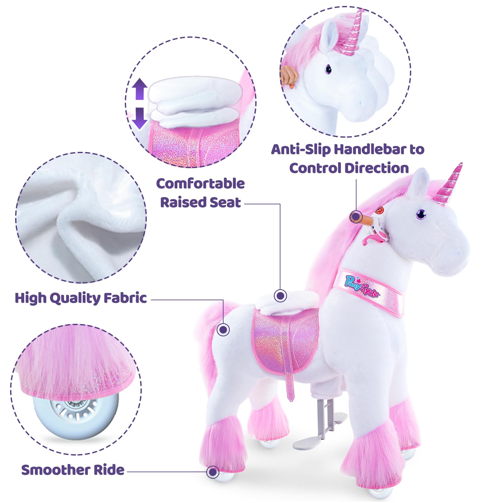 PonyCycle Pink Unicorn Ride-On Toy for Girls - Classic Model U with Brake, 36