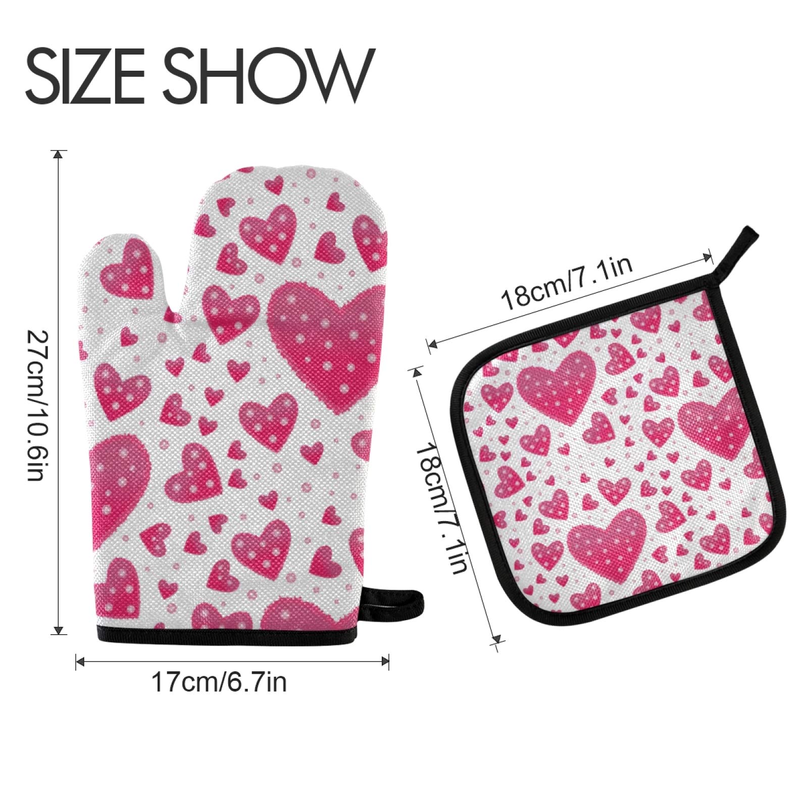 Valentine's Day Pink Oven Mitts and Pot Holders Set - Heat Resistant Kitchen Gloves with Heart Design for Baking, Cooking, BBQ - Perfect Gift for Mother's Day, Housewarming & Romantic Dinners