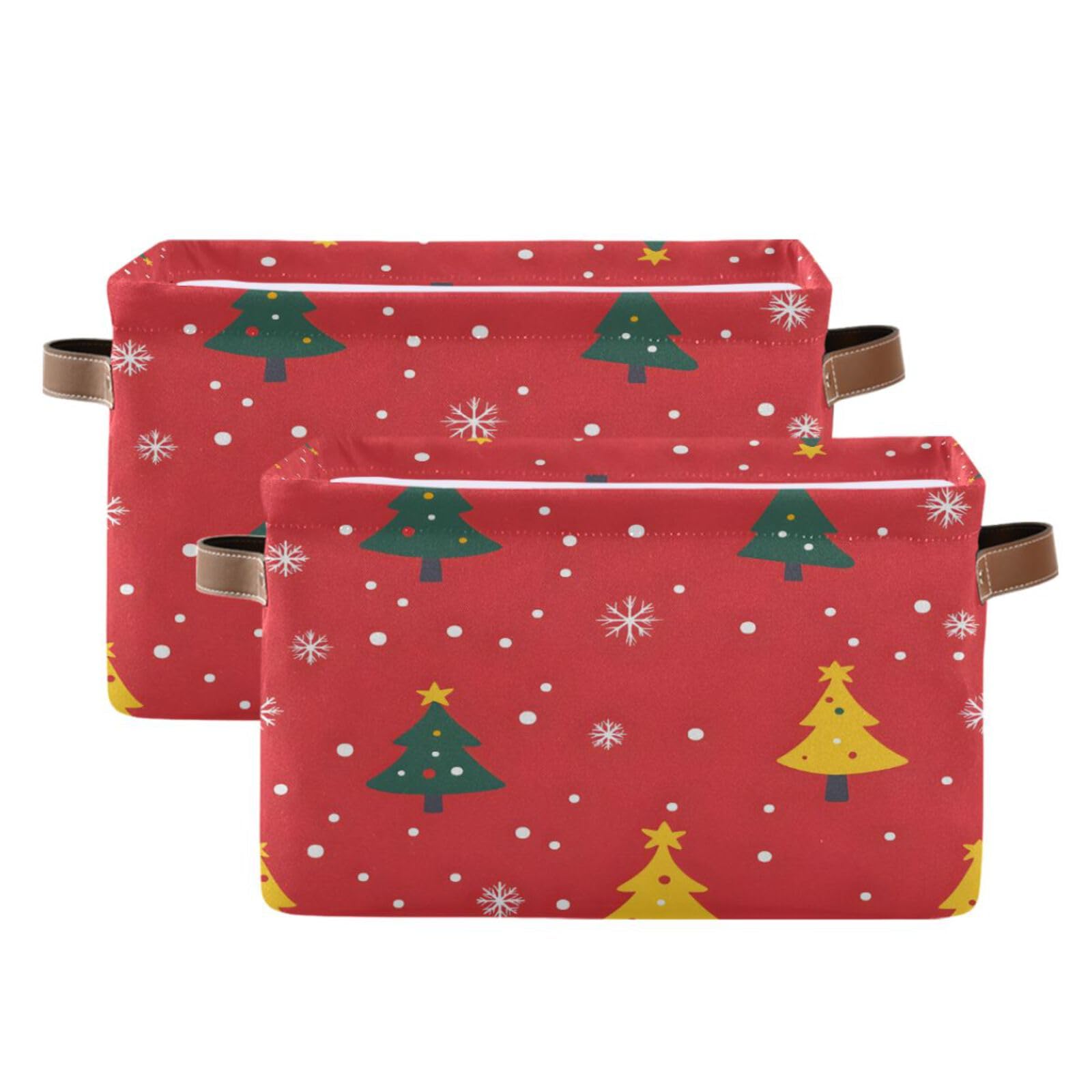 Qilmy Christmas Tree Storage Basket 2 Pack - Collapsible Canvas Rectangular Storage Bin with Leather Handles for Holiday Decor Organization | Perfect for Closet, Office, Nursery & Home Storage | Ideal for Seasonal Decor, Gift Wrapping & Space Saving