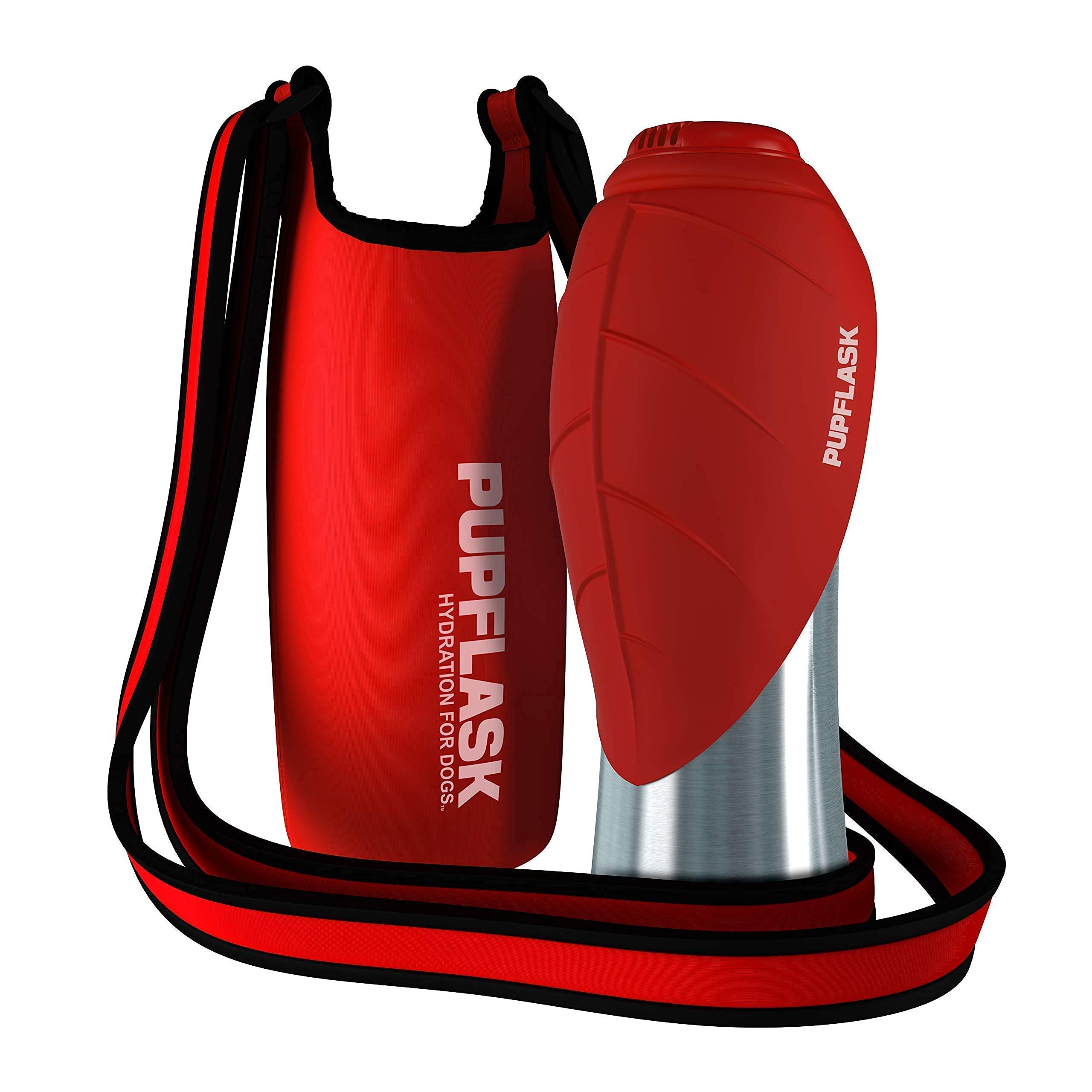 Tuff Pupper 40oz Dog Water Bottle Holder with PupFlask - Portable Pet Water Dispenser for Hiking, Walking & Outdoor Adventures (Red)