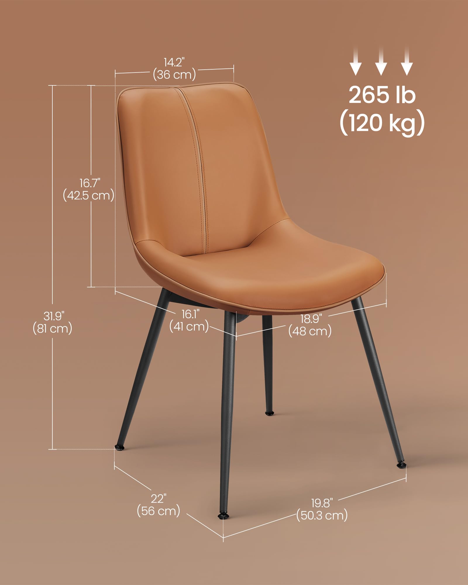 VASAGLE 2-Piece Leather Dining Chair Set with Upholstered Seat, Swivel Leveling Feet & Curved Backrest - Caramel Brown Kitchen Chairs for Dining Room, Living Space & Restaurant Use - Easy Assembly Home Furniture