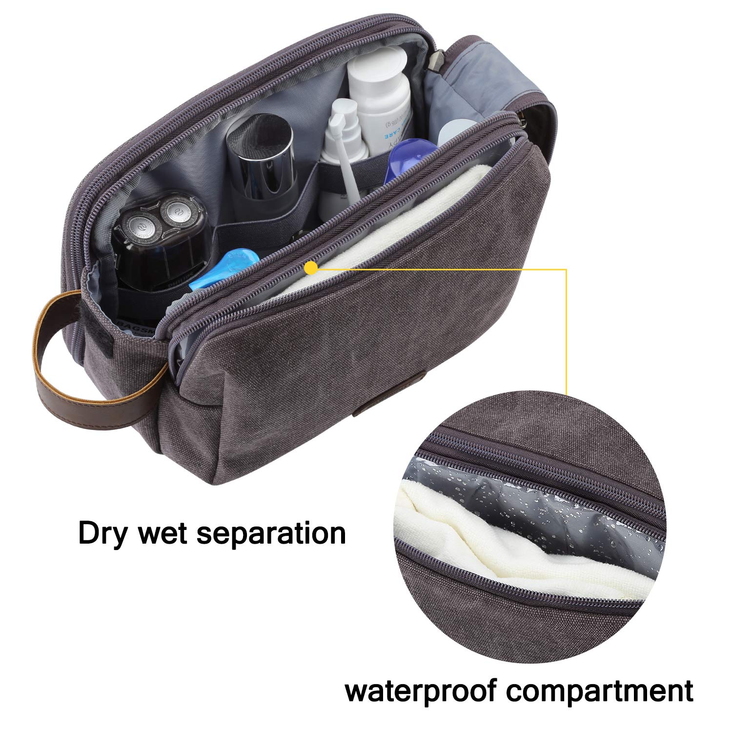 BAGSMART Men's Water-Resistant Canvas Travel Toiletry Bag - Medium Grey Dopp Kit Organizer for Shaving & Toiletries Accessories | Perfect for Business Trips, Camping & Gym Essentials
