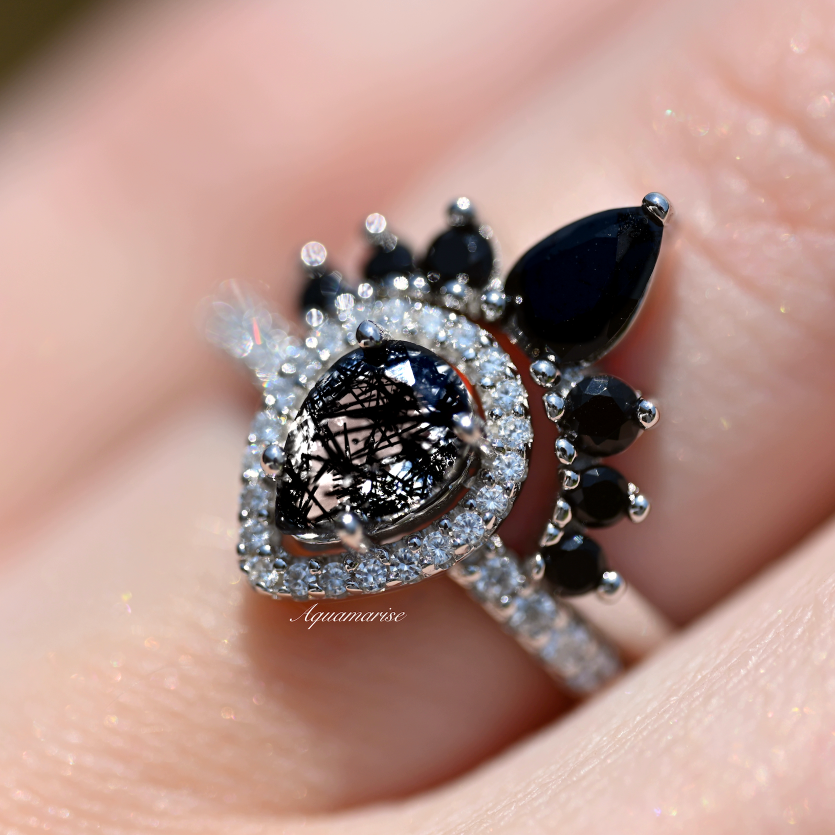 925 Sterling Silver Amy Rutilated Quartz & Black Diamond (Onyx) Ring Set | Elegant Jewelry for Women, Gift for Her, Wedding, Anniversary & Special Occasions