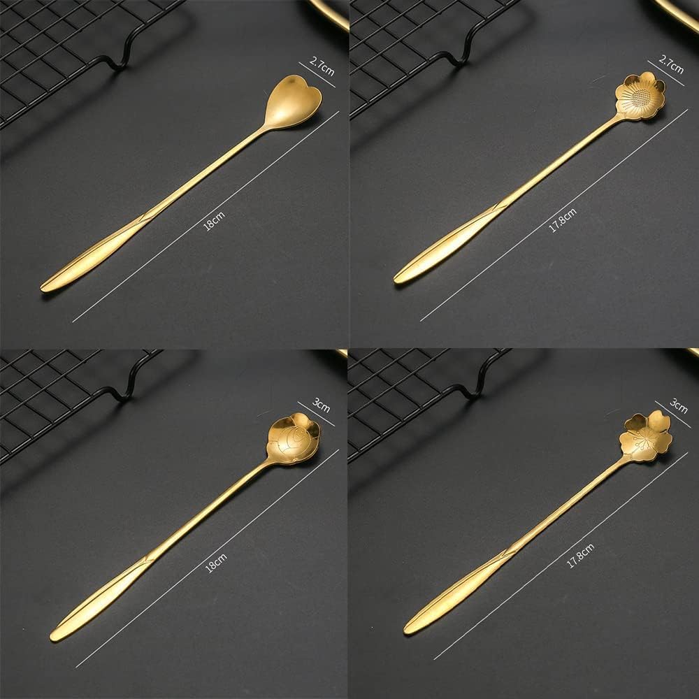Zacova 18cm 4-Piece Stainless Steel Gold Flower Coffee Spoon Set - Elegant Dessert & Tea Spoons for Kitchen, Dining & Gifting - Perfect for Coffee Shops, Restaurants & Home Entertaining