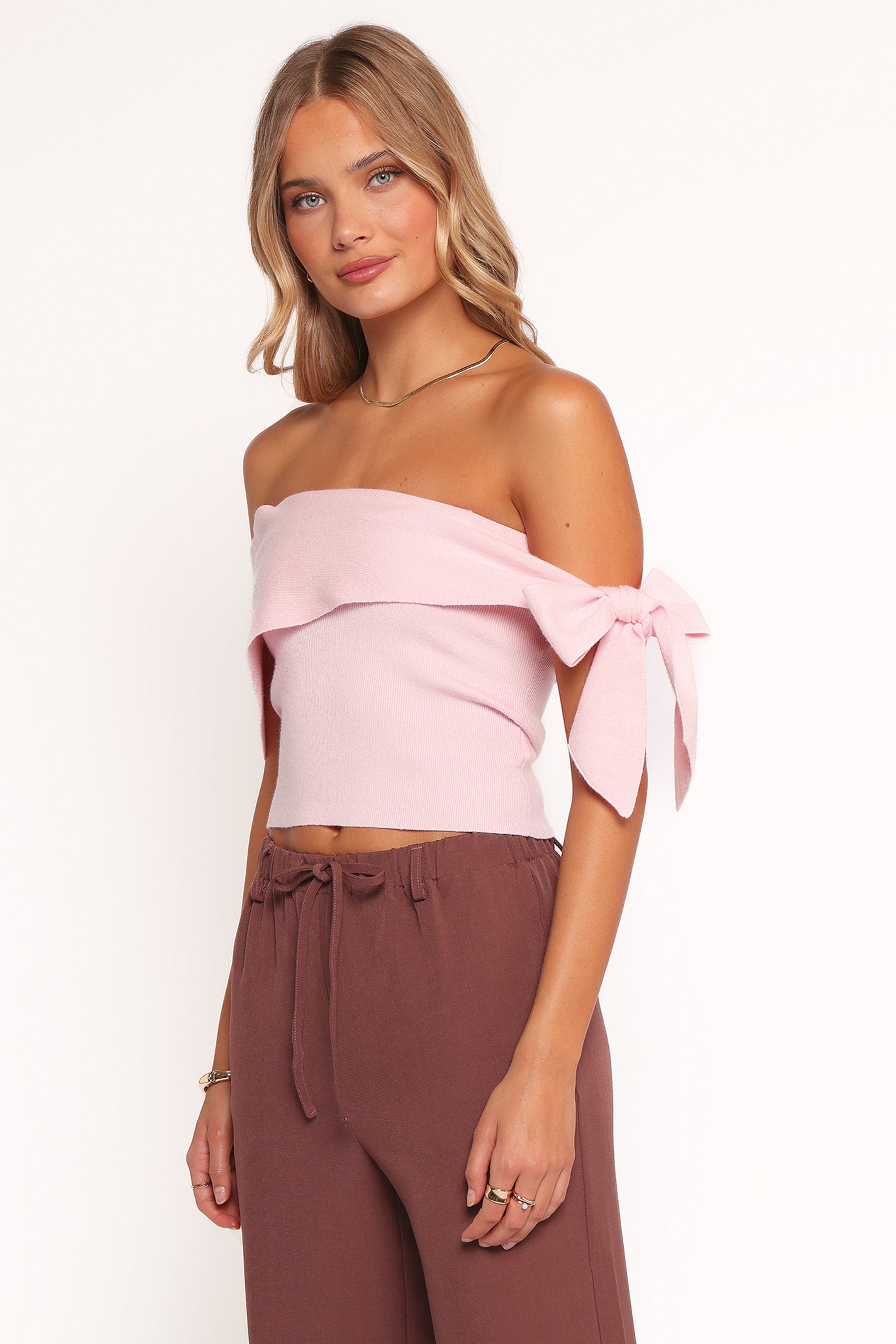 Charama Women's Off Shoulder Knit Top - Soft Stretch Pink Sweater for Casual Wear, Date Night & Fall Outfits