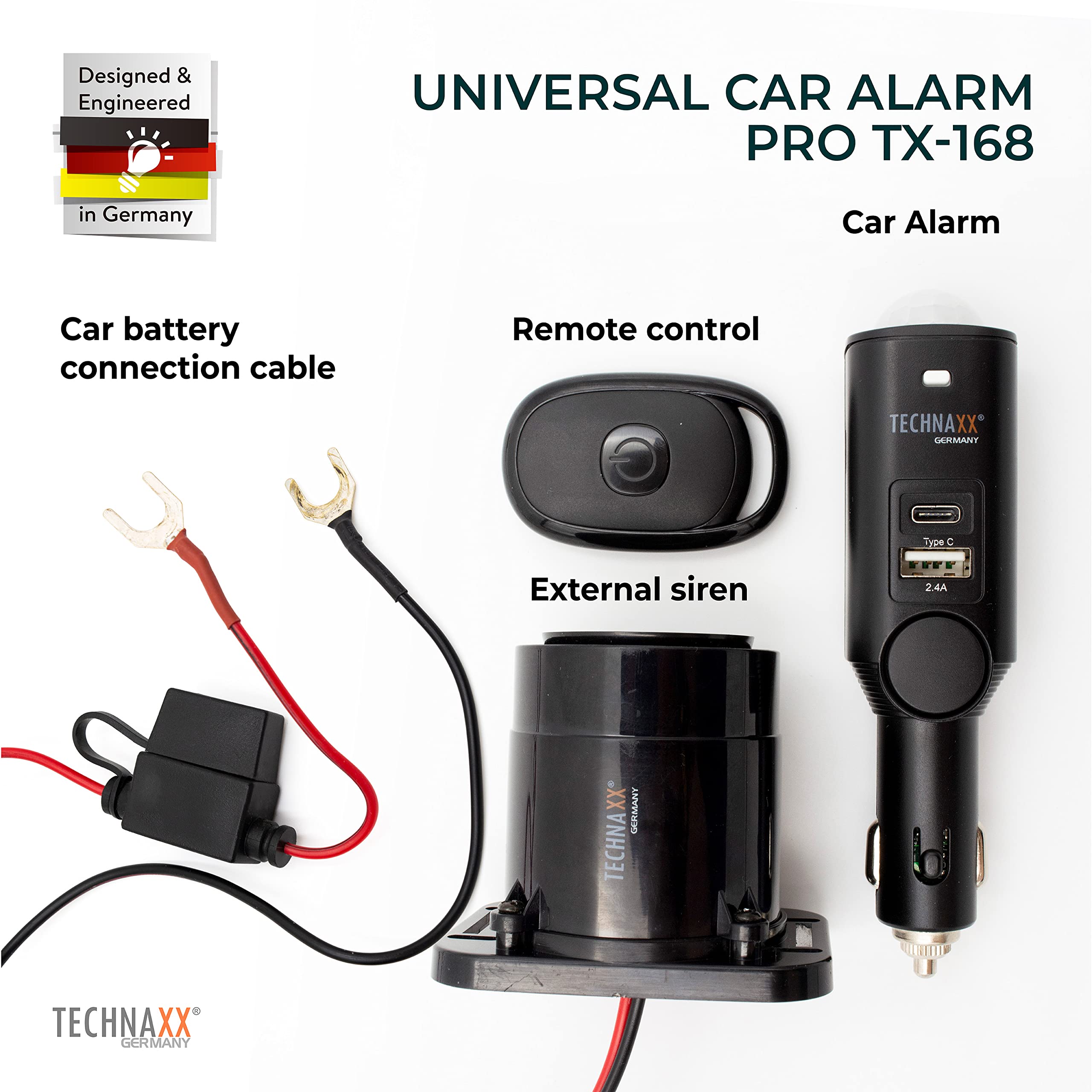 Technaxx TX-168 Car Alarm System with PIR Motion Sensor - 105dB Siren for Vehicles, Vans & Home Security - 2 USB Ports & 7-Day Battery Life - Black | Anti-Theft Protection for Parking, Travel & Property Security