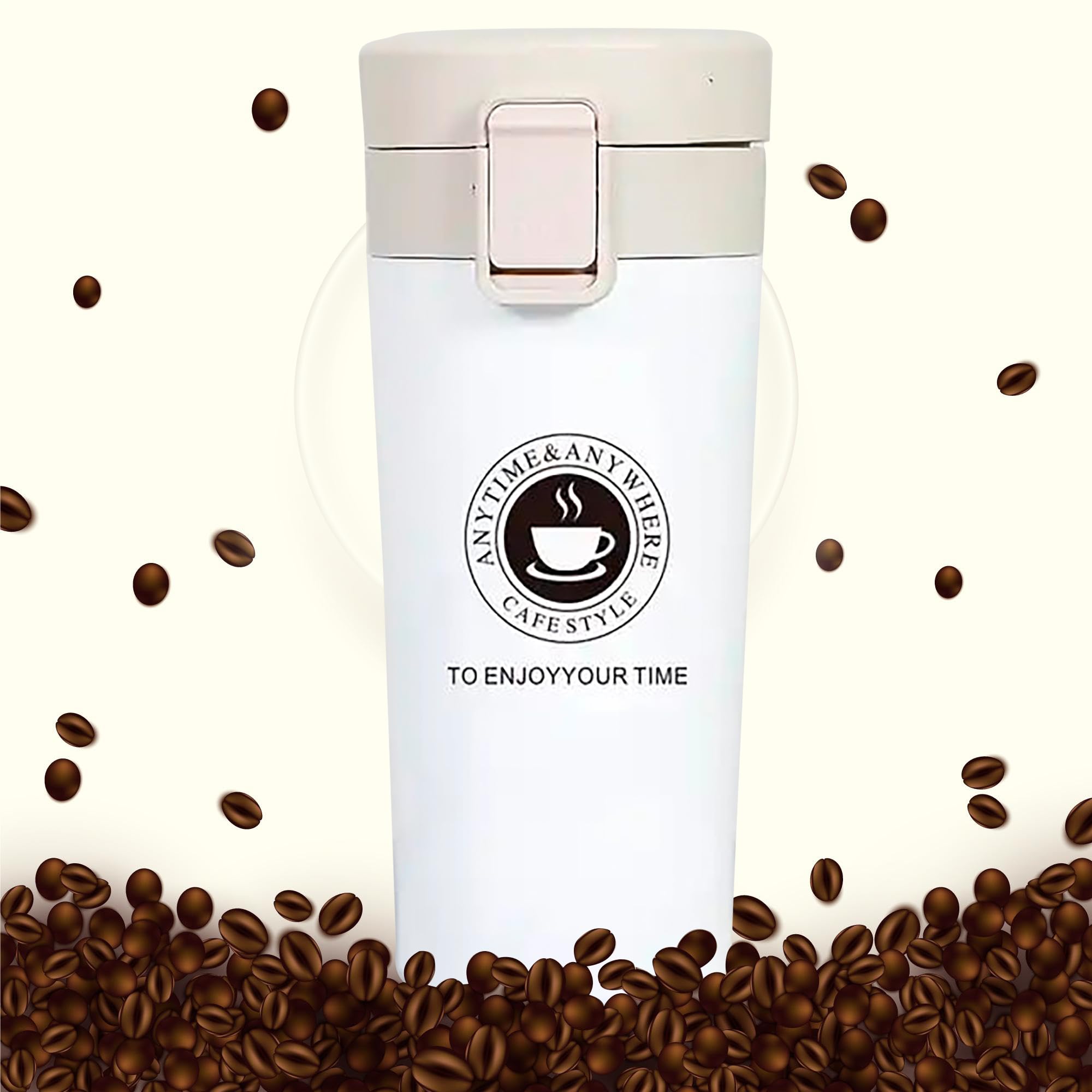 Premium Stainless Steel Vacuum Insulated Coffee Travel Mug - 380ml Leakproof Flip Lid Tumbler for Hot & Cold Beverages, Keeps Coffee & Tea Warm for Hours - Perfect for Travel, Office, School, Camping & Commuting (White)