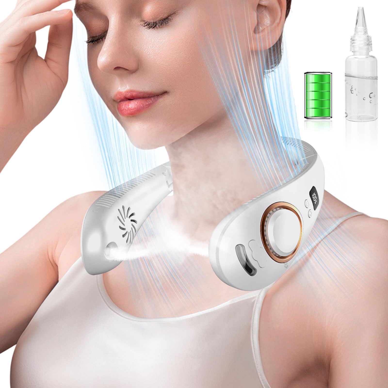 Portable Neck Fan with Water Mist Spray - Rechargeable Folding Cooling Fan for Women, Men & Kids - Wireless Personal Misting Fan for Outdoor, Sports & Travel - Perfect Festival Gift for Dad & Mom (White)