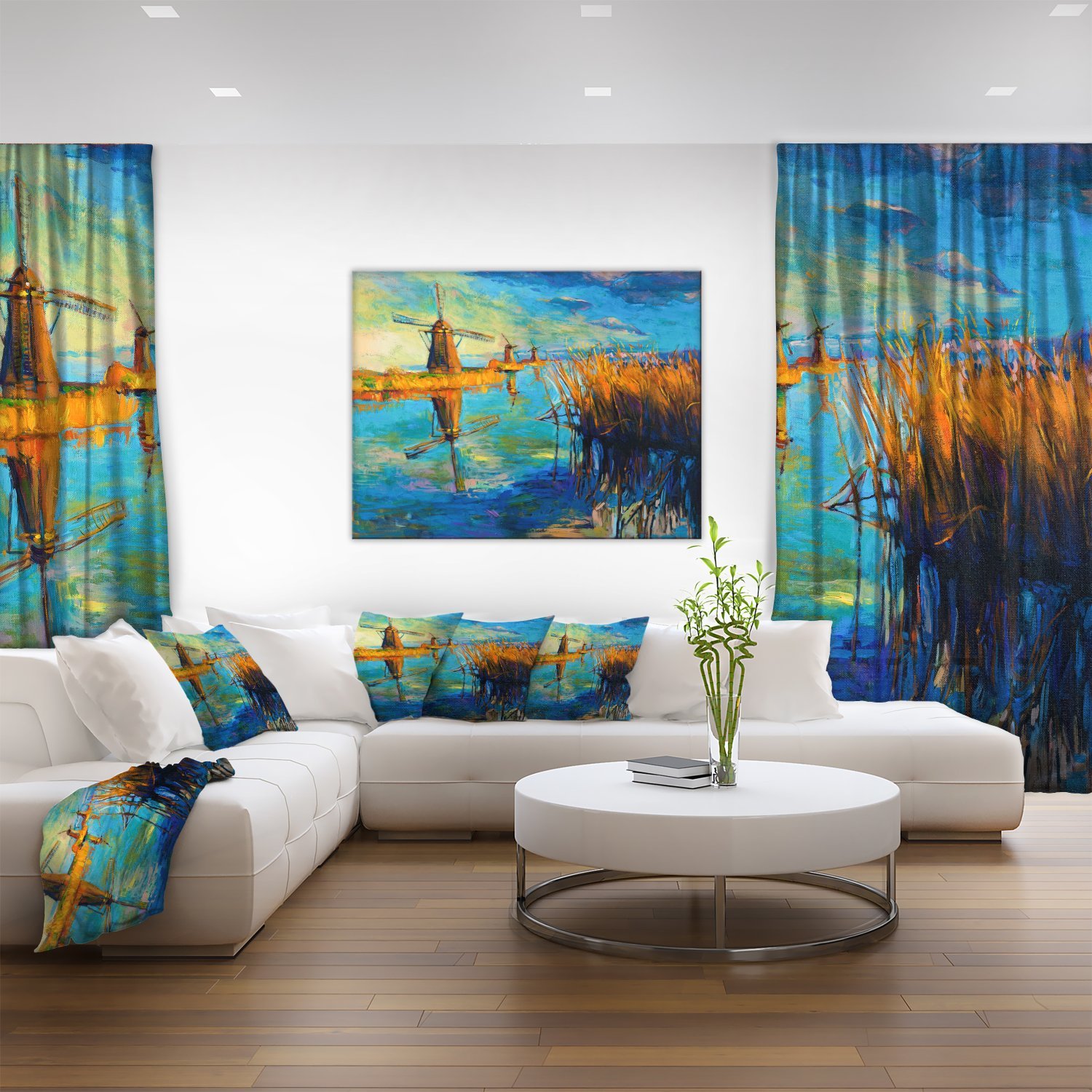Windmills with Sky and Water Landscape Art Print Canvas - Scenic Dutch Countryside Wall Decor for Living Room, Bedroom & Office