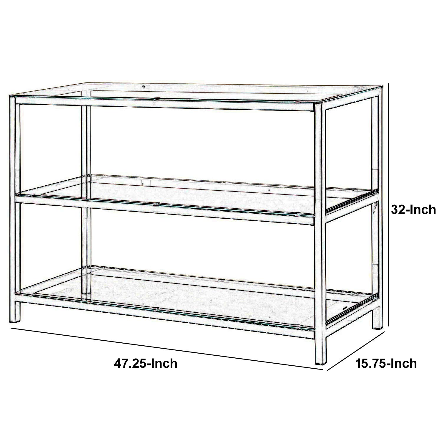 Benjara Modern Glass and Metal Sofa Table with 2 Open Shelves - Silver & Clear Finish - Perfect for Living Room, Entryway or Behind Couch Console Table