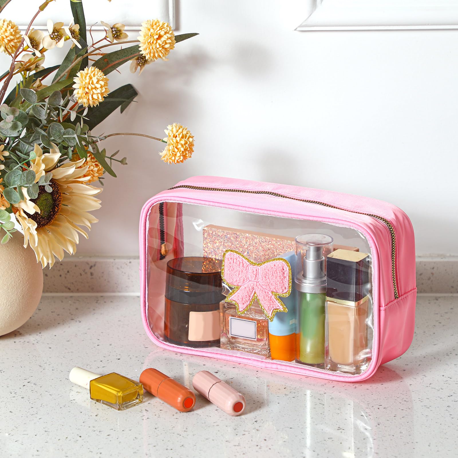 Kacctyen Pink Bow Clear Makeup Bag - Waterproof Travel Toiletry Organizer for Cosmetics | Trendy Coquette Preppy Cosmetic Pouch | Perfect Gift for Women, Girlfriend, Bridesmaid (Birthday, Mother's Day) | Great for Travel, Gym, and Daily Essentials Storage
