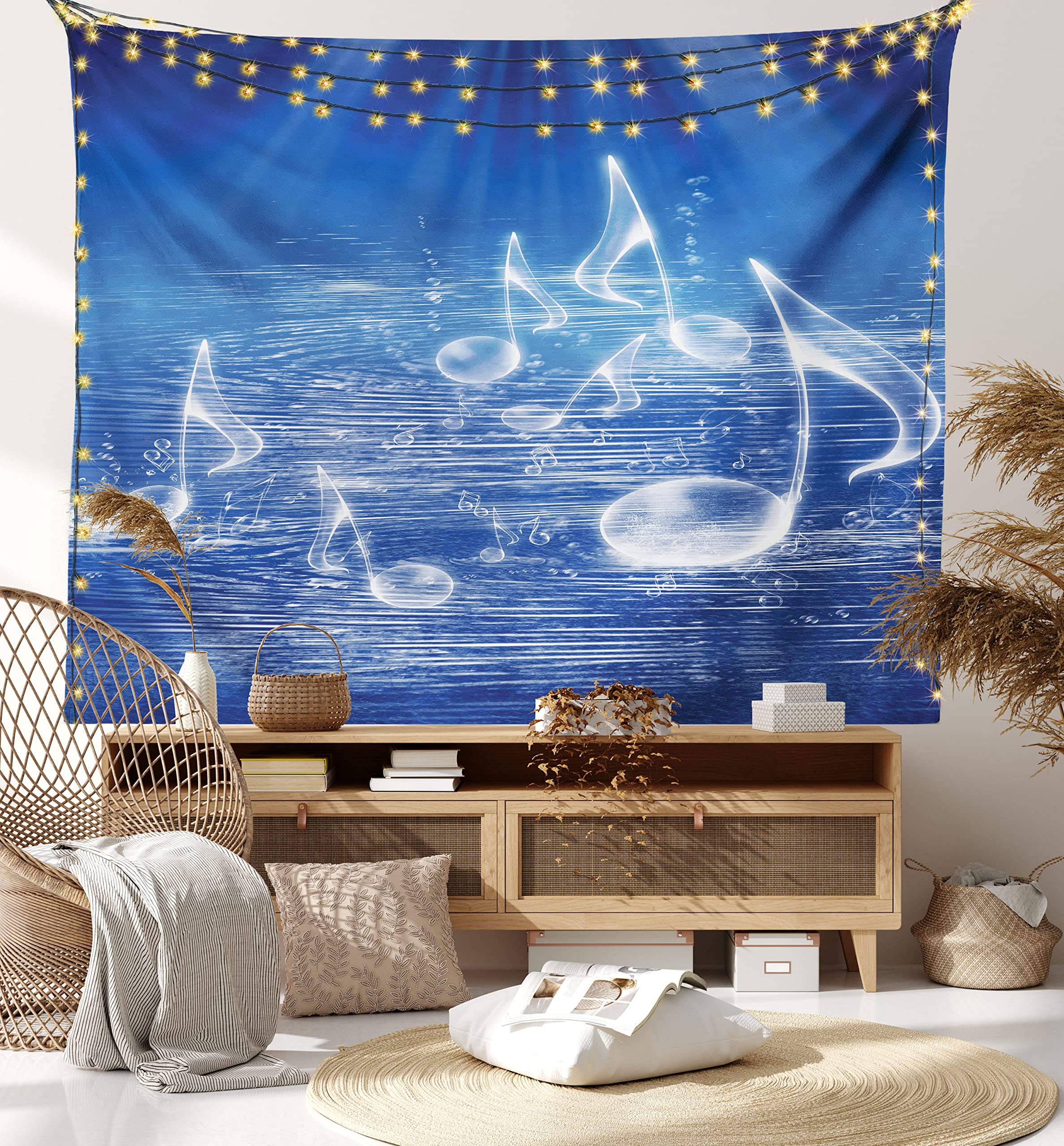 Ambesonne Music Themed Tapestry - Water Musical Notes & Dancing Waves Fantasy Design, Blue & White Fabric Wall Hanging Decor for Bedroom, Living Room, Dorm (28x23 Inches) - Perfect for Music Lovers' Room Decor & Boho Style Home Aesthetics
