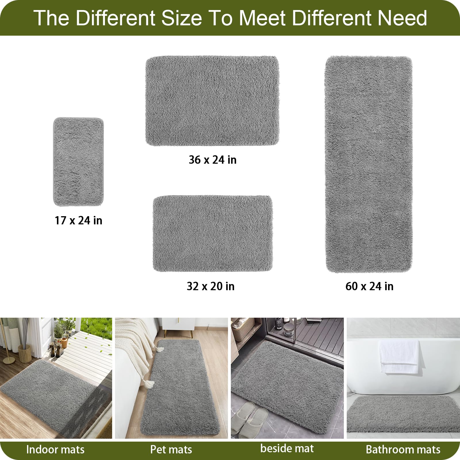 AROGAN 24x60 Inch Luxury Microfiber Bathroom Runner Rug - Super Soft, Absorbent & Non-Slip Shower Mat with Rubber Backing, Quick Dry & Machine Washable - Perfect for Bathroom, Shower Floor & Vanity Area - Grey