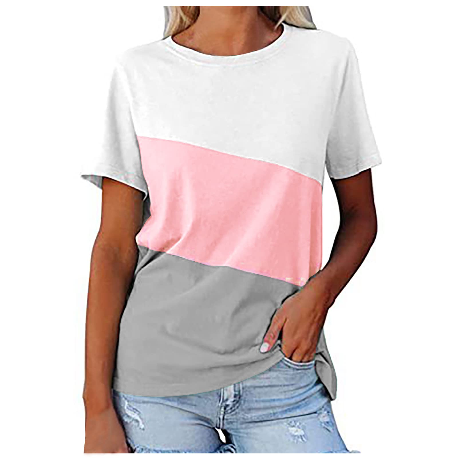 Women's Triple Color Block Short Sleeve T-Shirt - Casual Loose Fit Crewneck Top for Summer | Perfect for Everyday Wear, Outings & Street Style Fashion