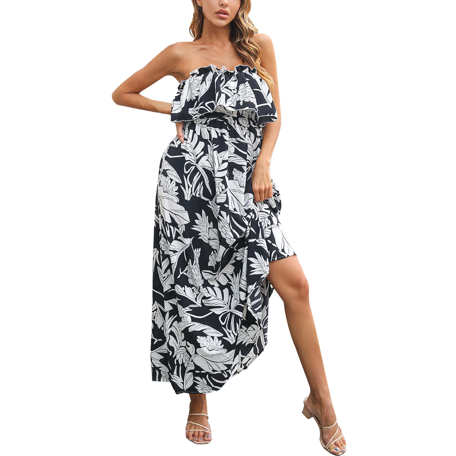 SPORTTINstm Women's Off Shoulder Maxi Dress - Strapless Ruffle Boho Dress in Blue & White Porcelain | Perfect for Beach Vacations, Summer Parties & Casual Outings