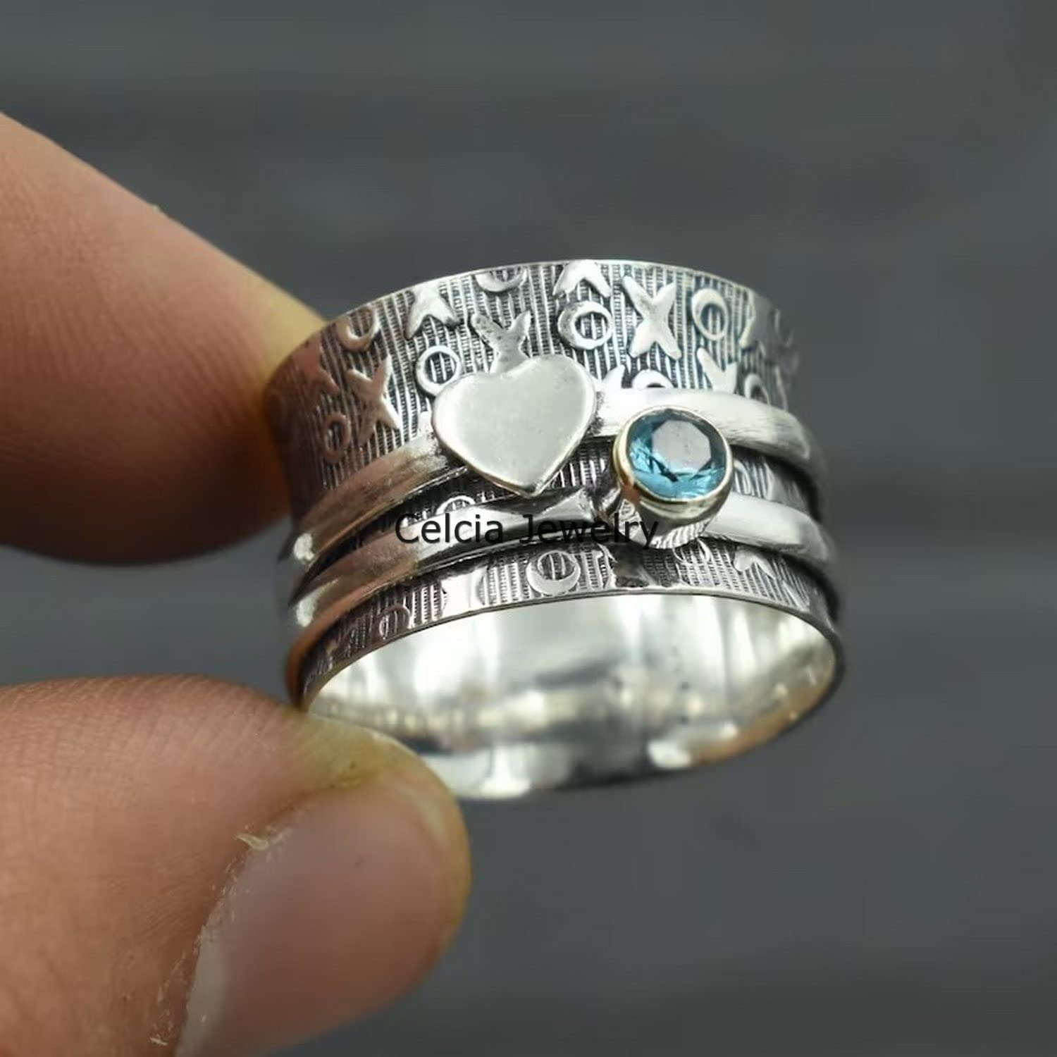 Blue Topaz Gemstone Heart Spinner Ring - Love, Meditation & Fidget Ring for Women & Men | Unique November Birthstone Gift | US Size 7 | Perfect for Stress Relief, Wedding Gifts & Birthday Presents