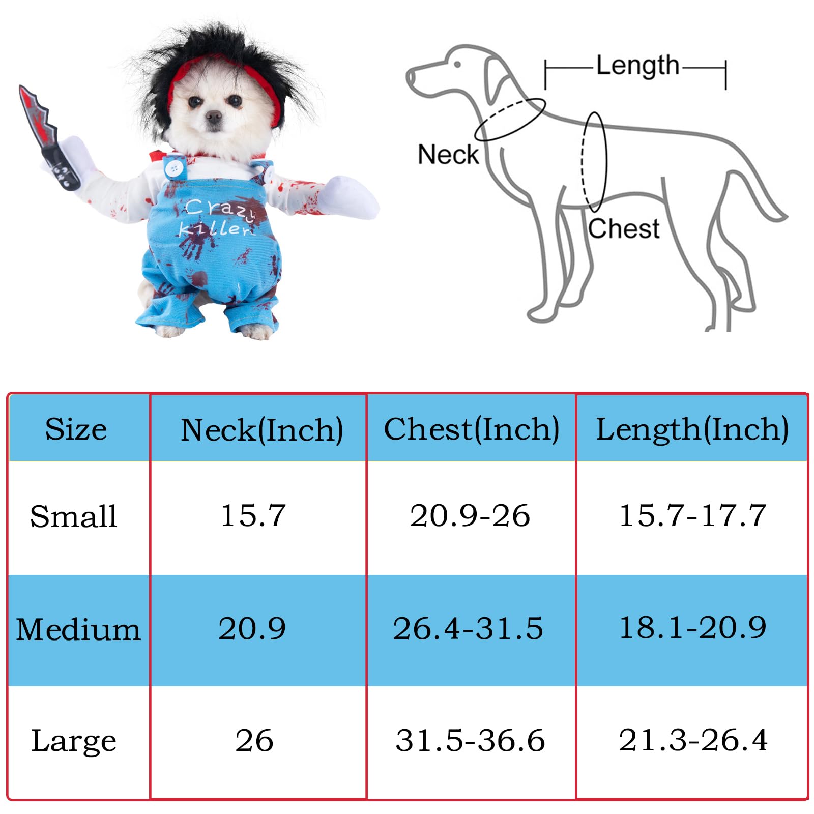 Scary Halloween Dog Costume - Killer Blood Knife & Funny Doll Wig for Small to Large Dogs | Pet Cosplay for Halloween Parties & Spooky Events