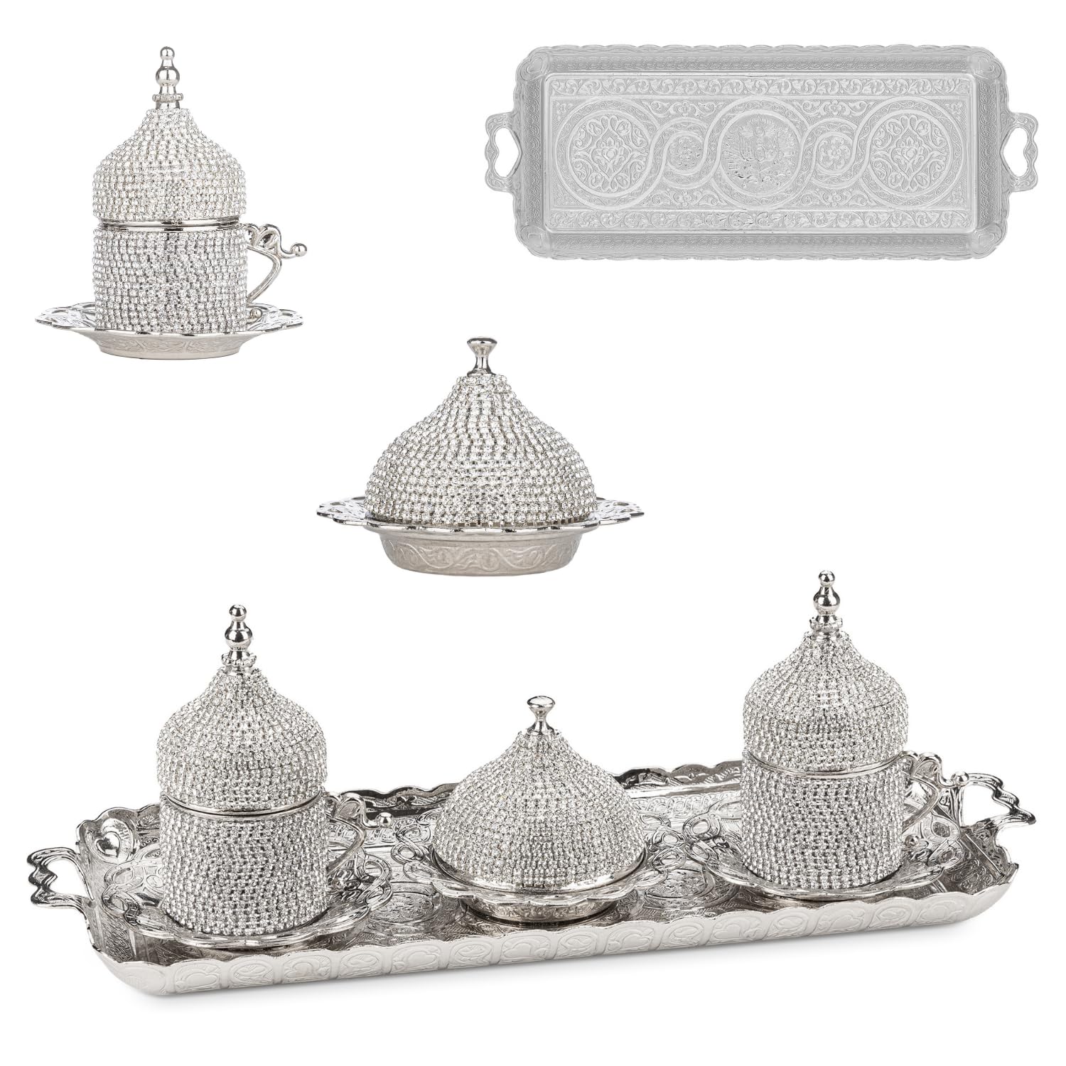 Premium Ottoman Turkish Greek Arabic Espresso Coffee Cup Set with Saucer & Lid - Crystal Glassware (2-Piece, Silver) - Perfect for Home, Café & Gift Giving