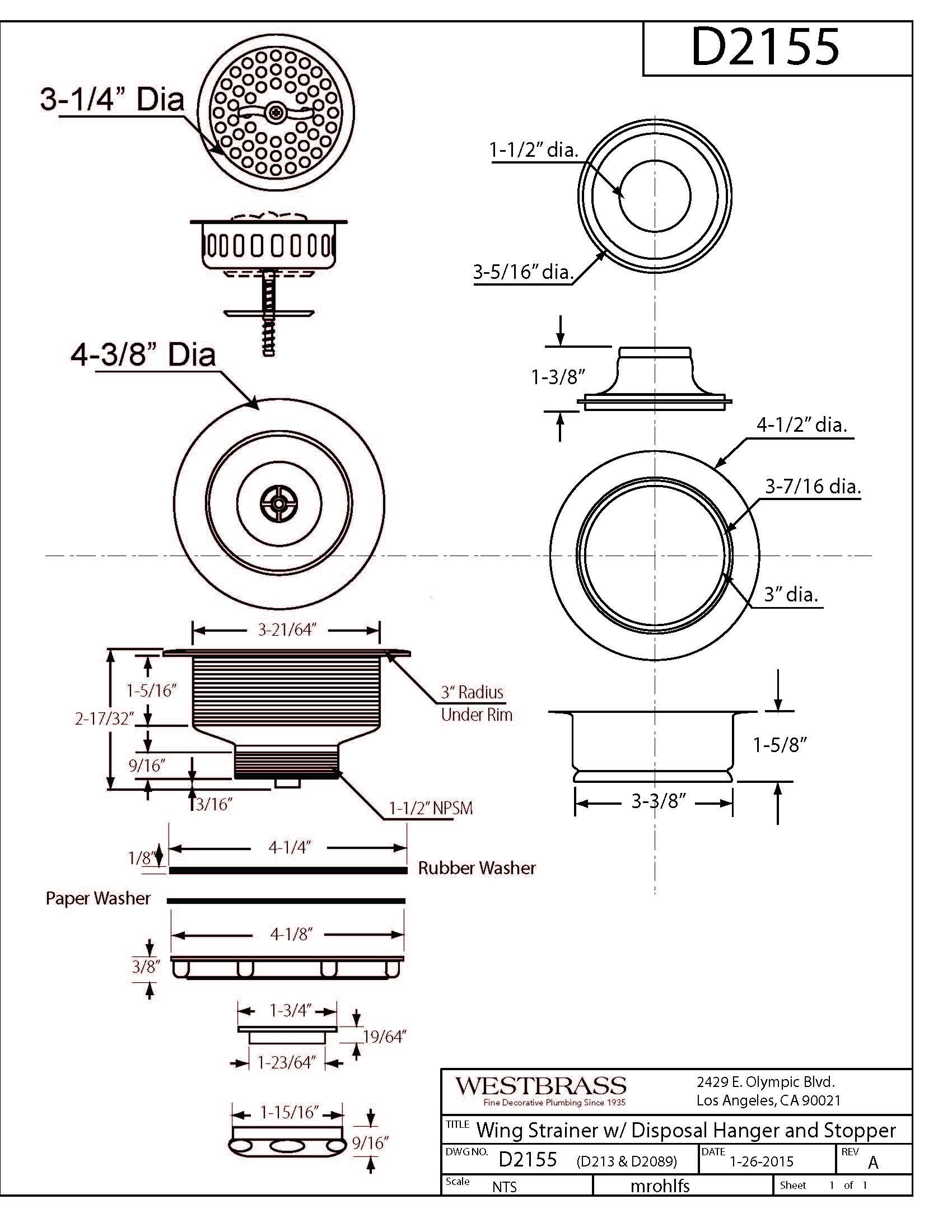 Westbrass D2155-50 Large Kitchen Basket Strainer with Wing Nut Style, Waste Disposal Flange & Stopper - Powder Coated White for Sink Drainage & Food Waste Disposal - Perfect for Kitchen, Restaurant & Commercial Use