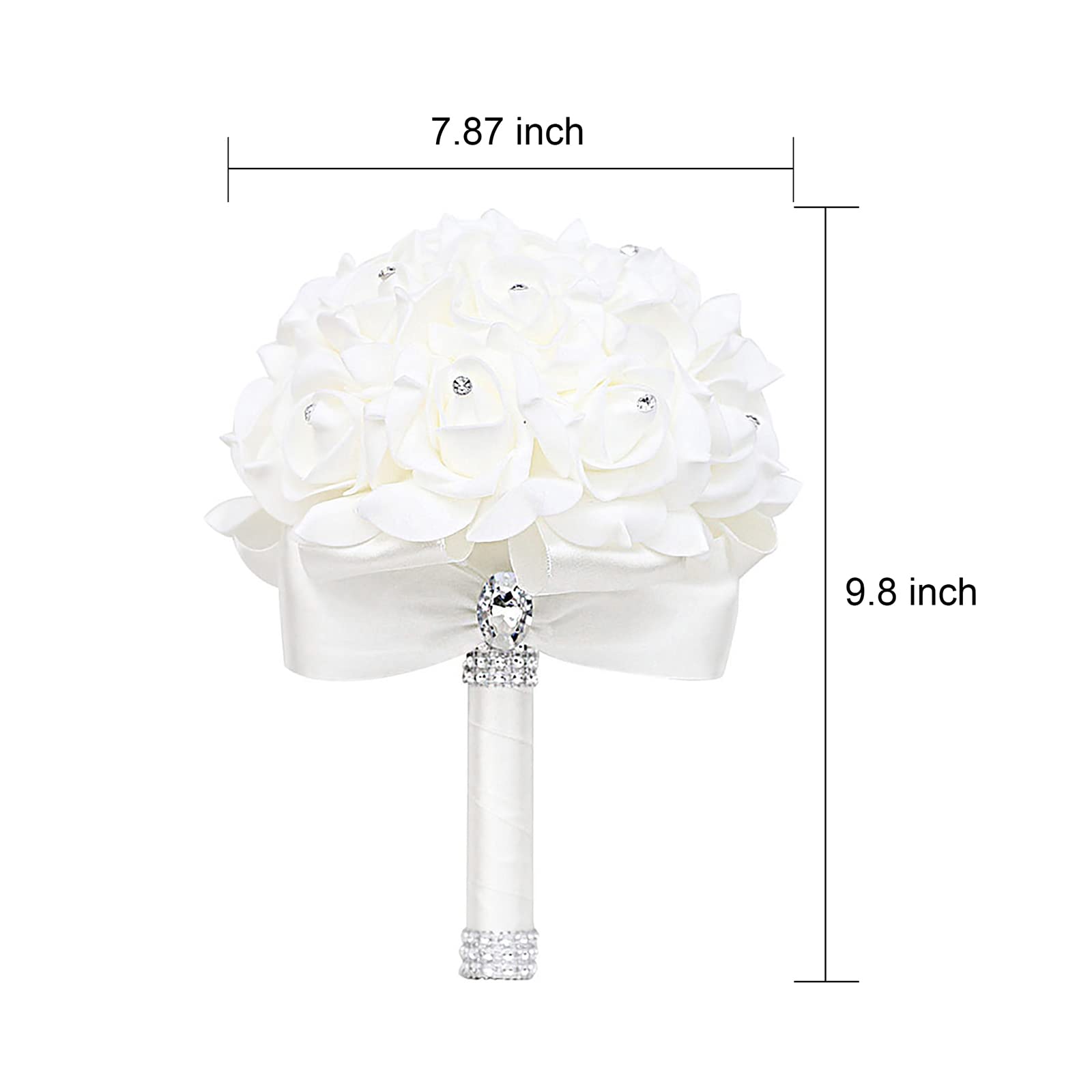 Artificial White Foam Rose Bridal Bouquet with Diamond Satin Ribbon Handle - Elegant Wedding, Engagement & Party Flowers for Brides, Bridesmaids & Decor