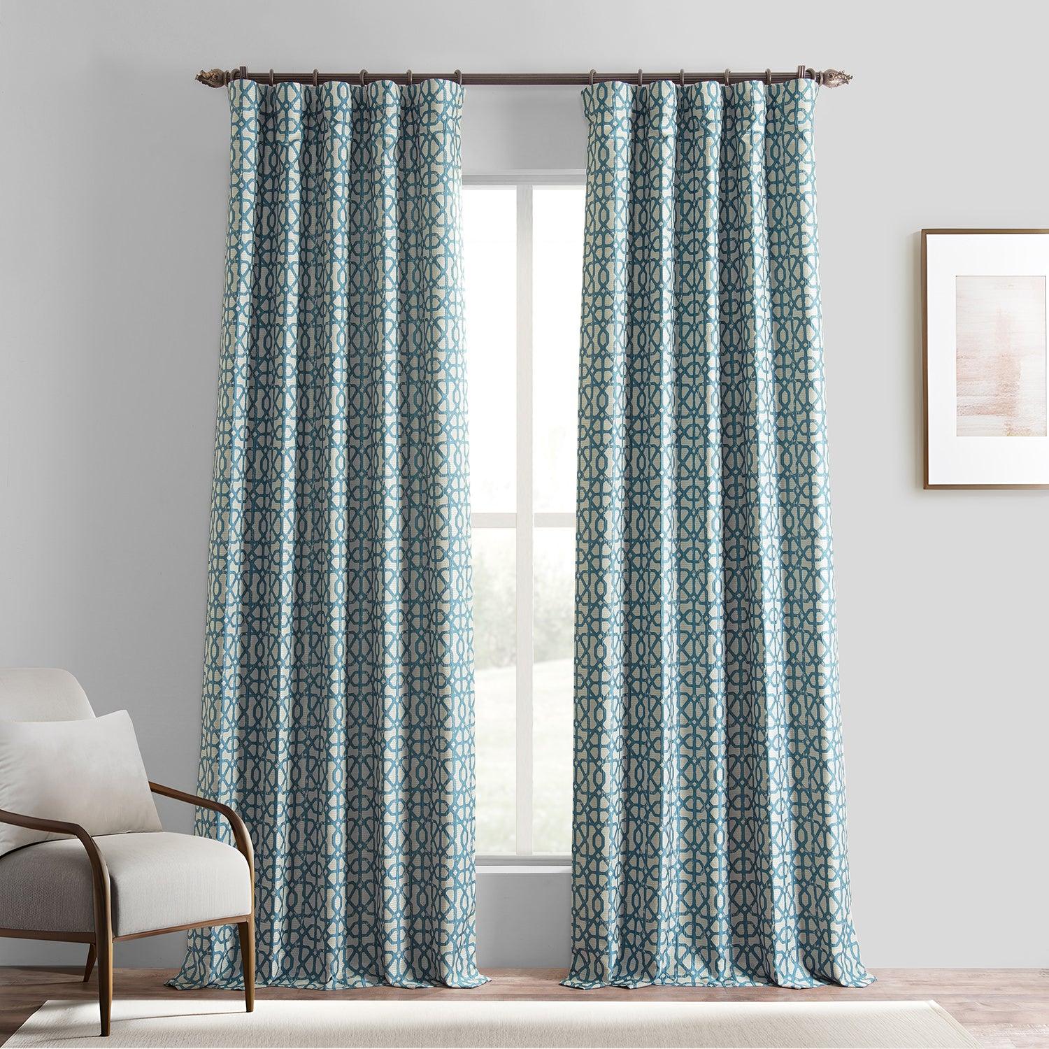 Metro Teal Blue Geometric Faux Silk Jacquard Blackout Curtains for Living Room & Bedroom - Elegant Window Treatment for Light Control & Privacy