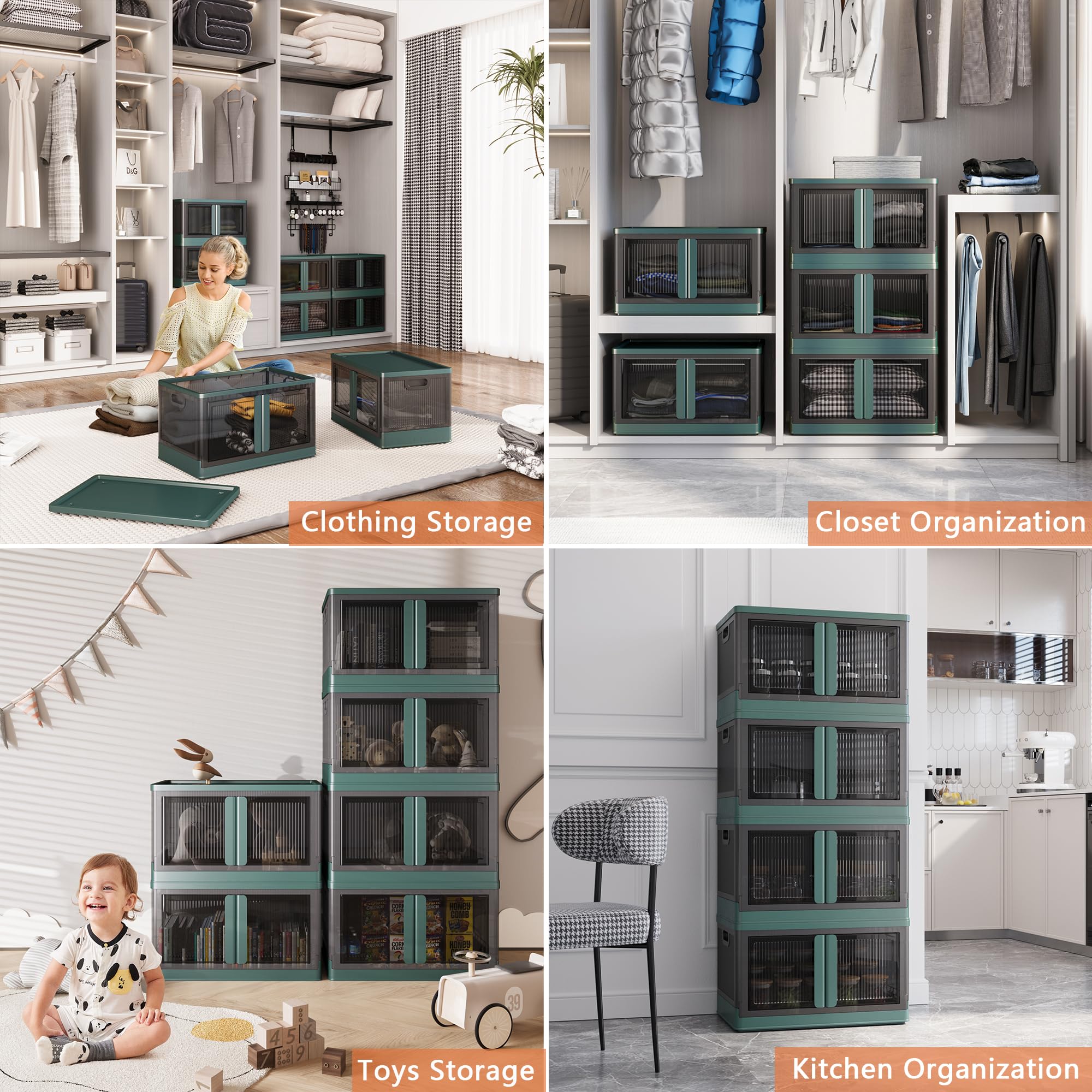 8.4 Gallon Collapsible Storage Bins with Lids, 3 Pack - Stackable Plastic Storage Cabinet with Doors & Wheels for Home Organization | Space-Saving Solution for Closet, Garage, Office & Kids Room Storage
