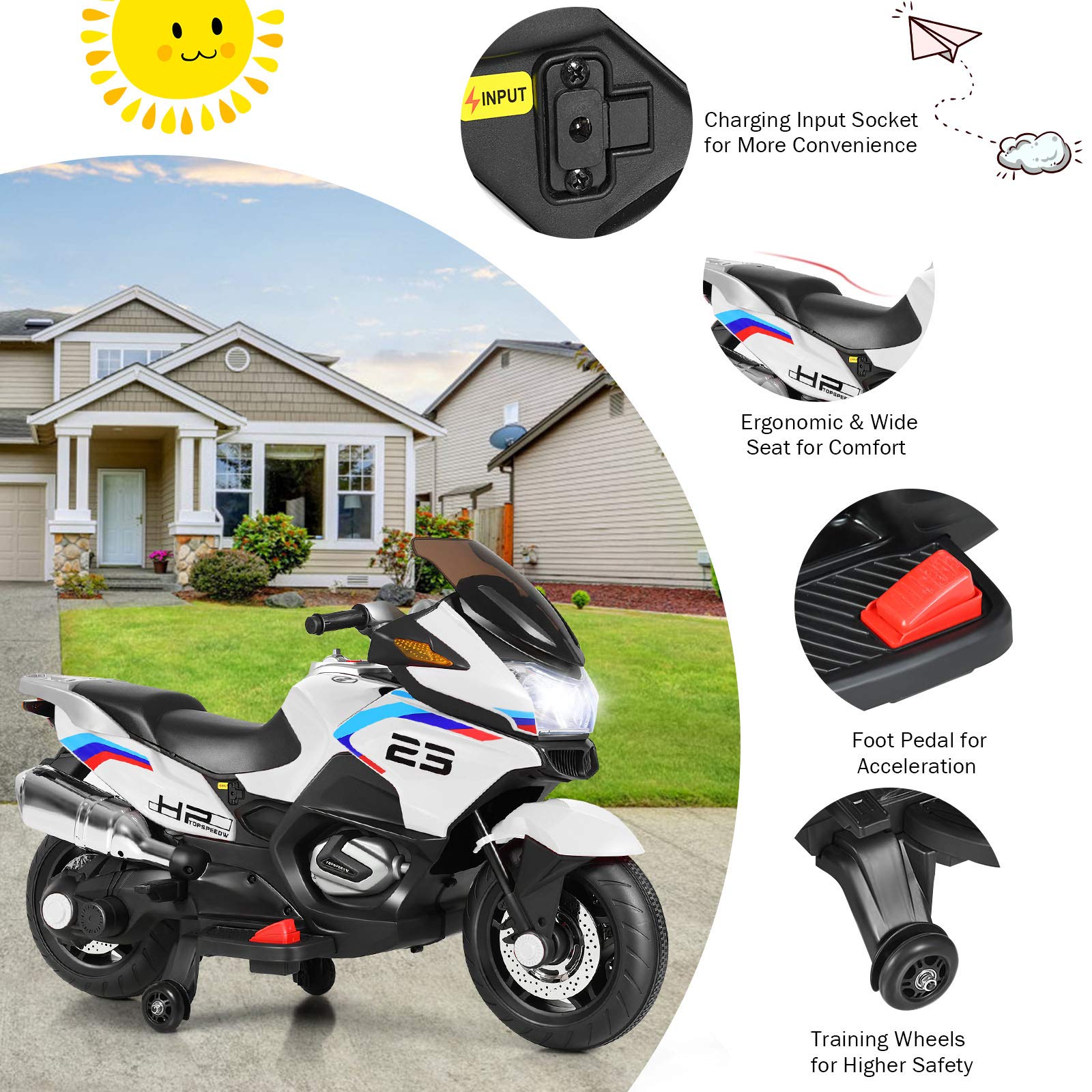 Costzon 12V Electric Kids Ride On Motorcycle with Training Wheels, LED Lights & Music - Battery Powered Toy Bike with Forward/Reverse & Pedal - Perfect Gift for Boys & Girls (White) - Great for Birthday Presents, Outdoor Play & Backyard Fun