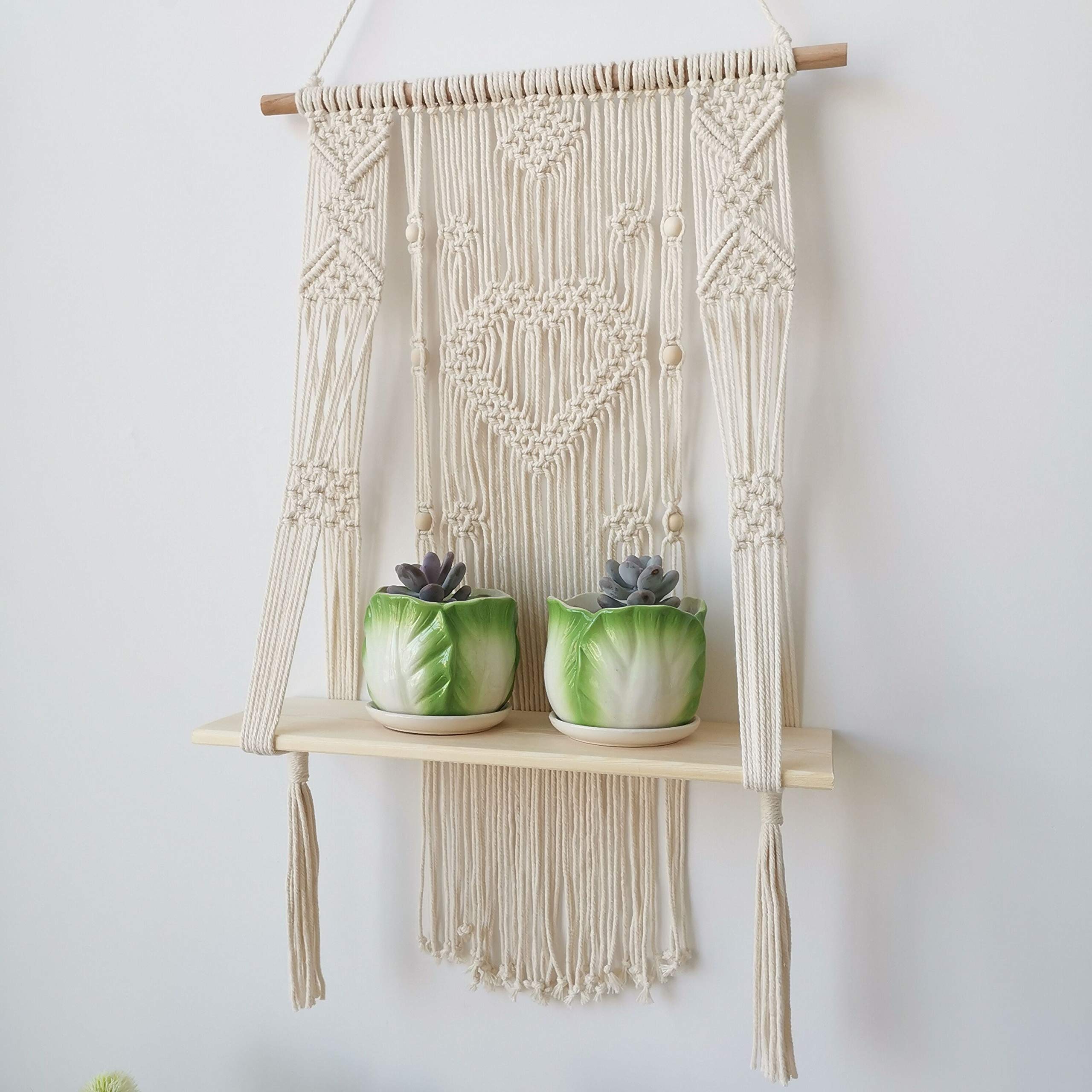 Bohemian Macrame Wall Hanging Shelf with Wood Floating Storage - Handmade Heart Design Home Decor for Living Room, Bedroom & Bathroom Organization