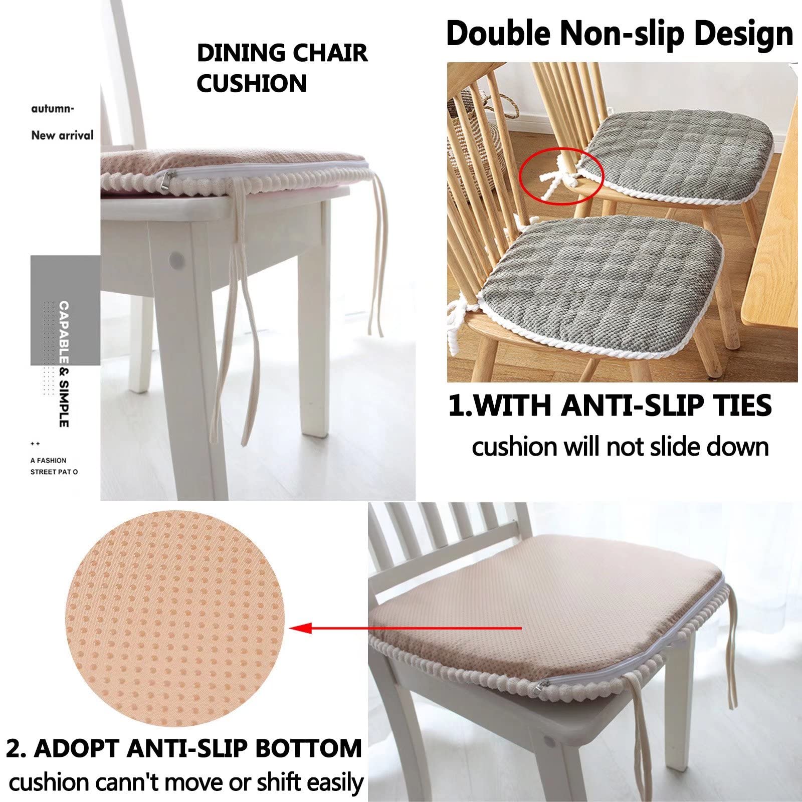 YSCO 6-Piece U-Shaped Kitchen Chair Cushions Set - Non-Slip Dining Room Chair Pads with Washable Covers & Secure Ties (Dark Grey) - Perfect for Home Dining, Kitchen, and Office Chairs