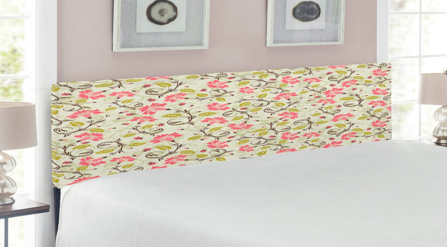 Ambesonne Ladybugs Upholstered Headboard - Curving Flower & Retro Beetle Design, Memory Foam Padding, King Size Bed Frame in Pale Green & Pink | Perfect for Bedroom Decor, Guest Rooms & Vintage Themed Interiors